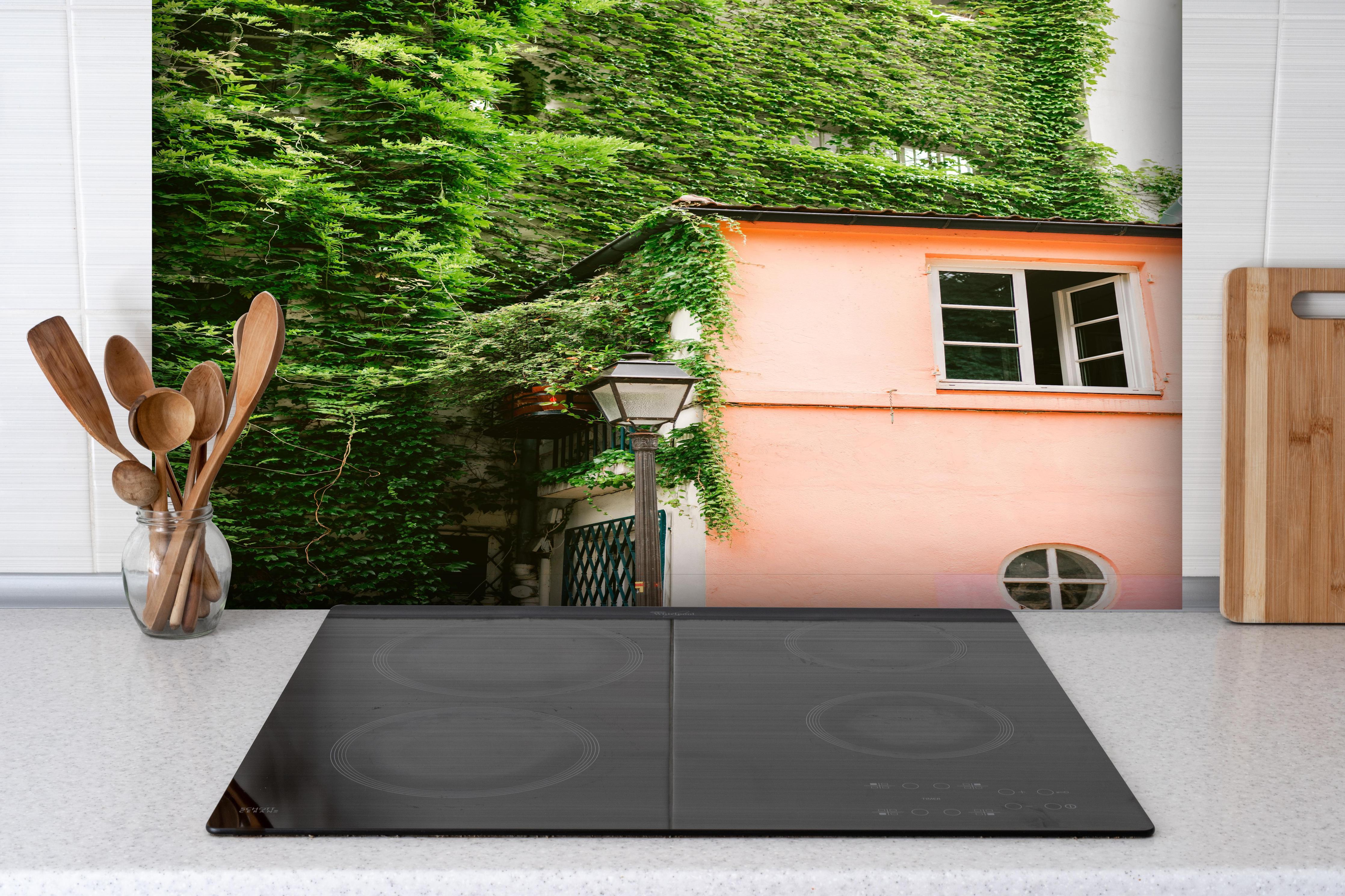 Spritzschutz - Montmartre Haus mit grüner Bepflanzung hinter einem Cerankochfeld zwischen Holz-Kochutensilien