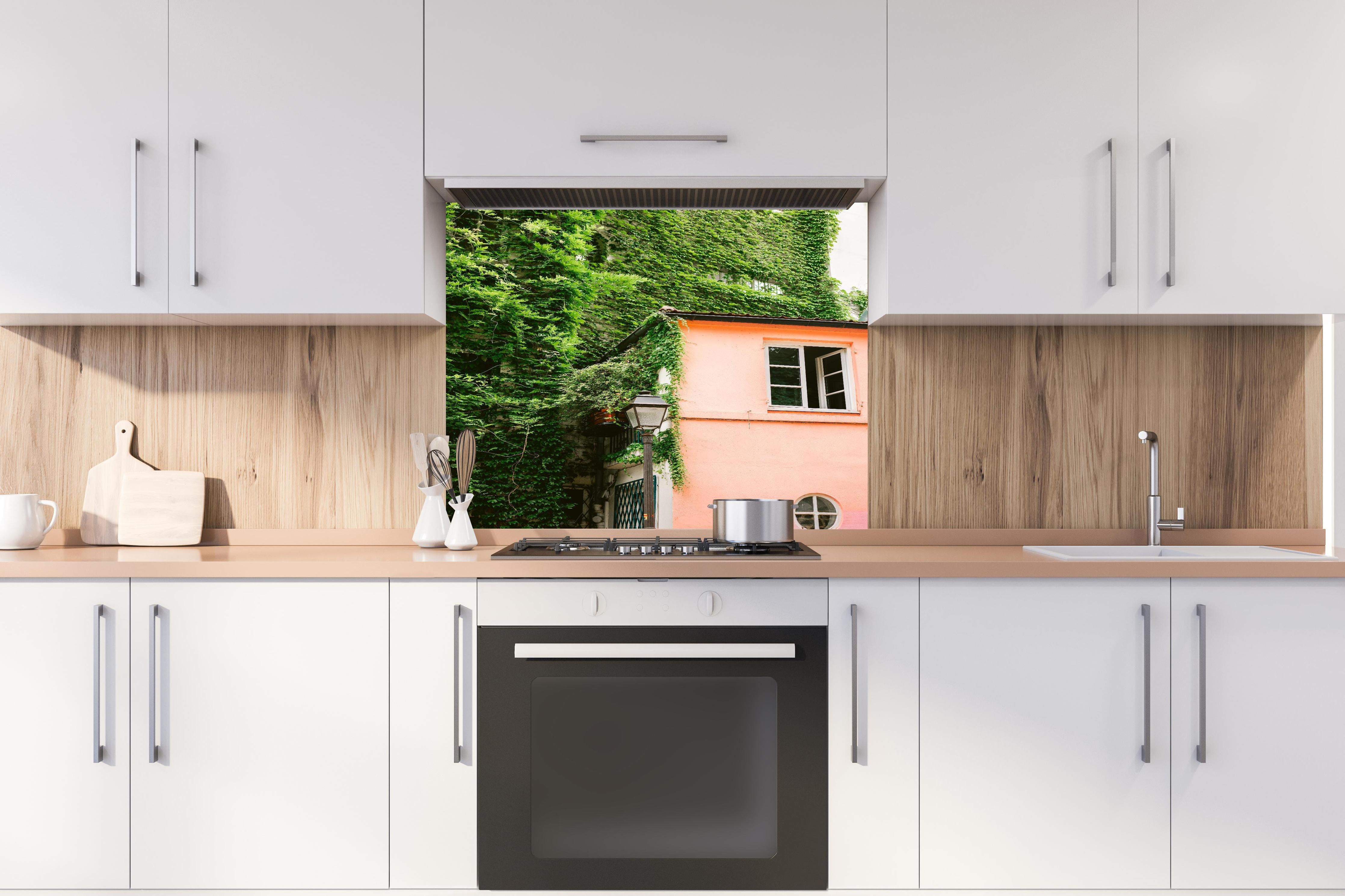 Spritzschutz - Montmartre Haus mit grüner Bepflanzung hinter einem Cerankochfeld zwischen Holz-Kochutensilien