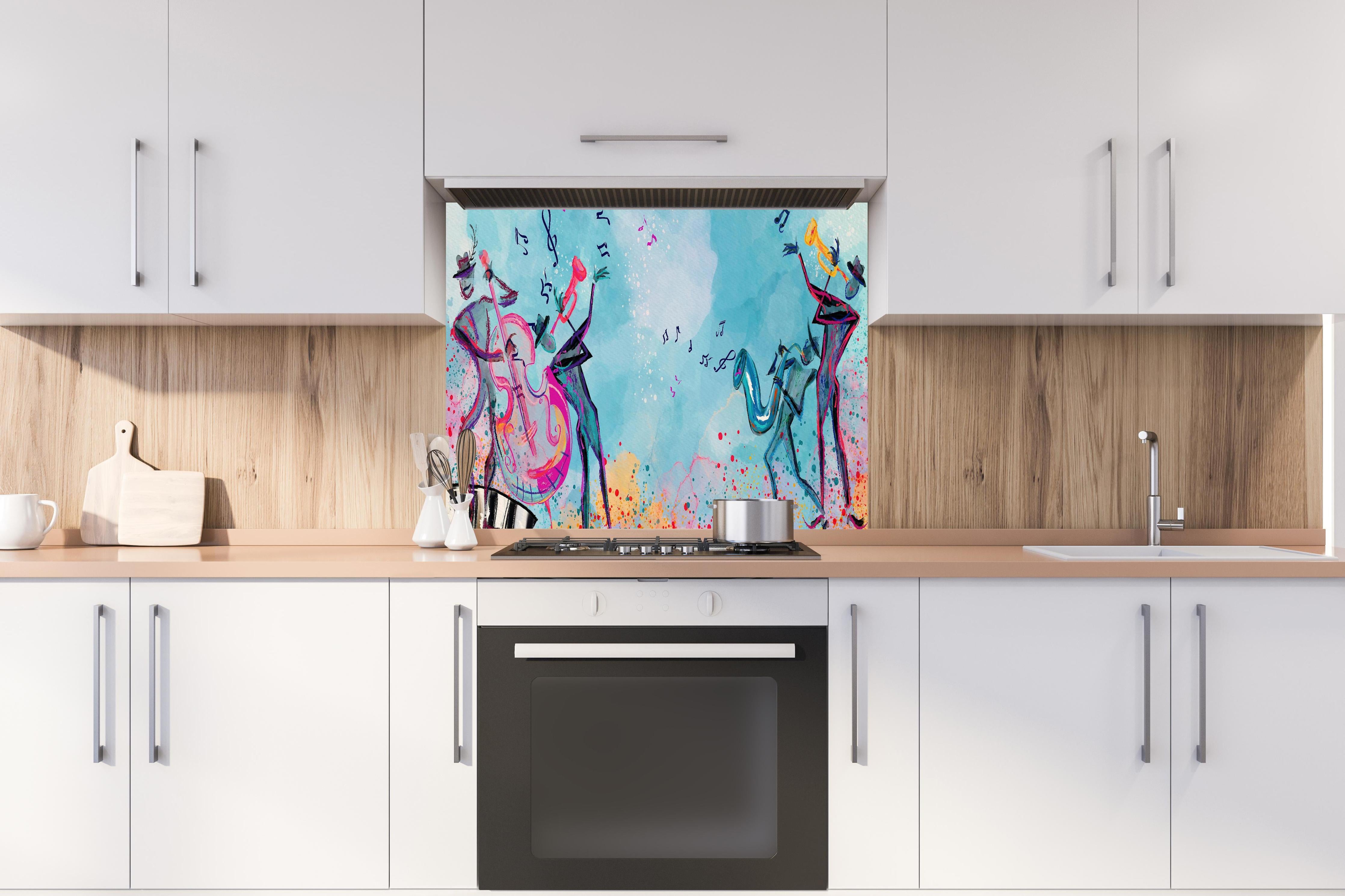 Spritzschutz - Musiker Illustriert im Aquarell-Stil hinter einem Cerankochfeld zwischen Holz-Kochutensilien