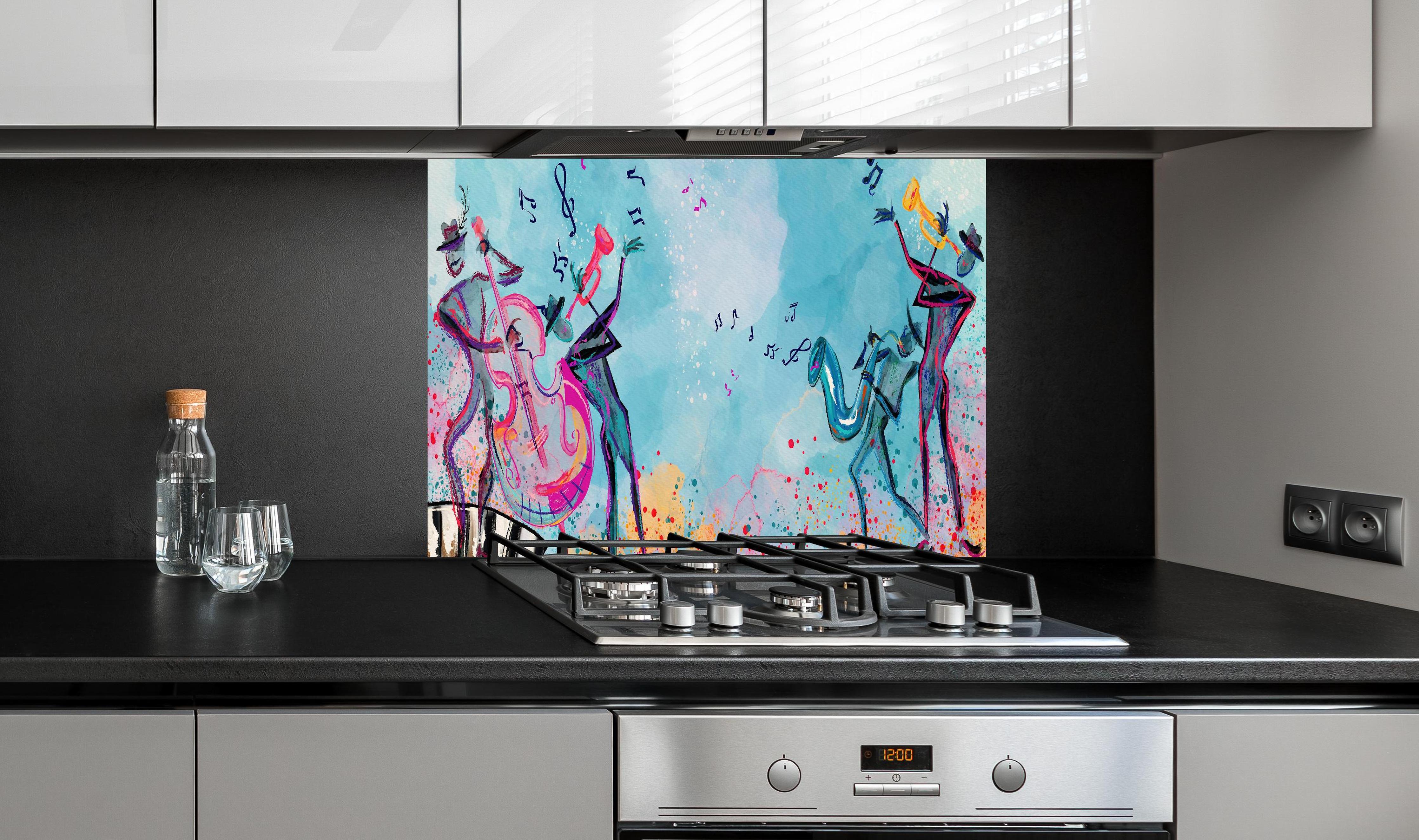 Spritzschutz - Musiker Illustriert im Aquarell-Stil hinter einem Cerankochfeld zwischen Holz-Kochutensilien