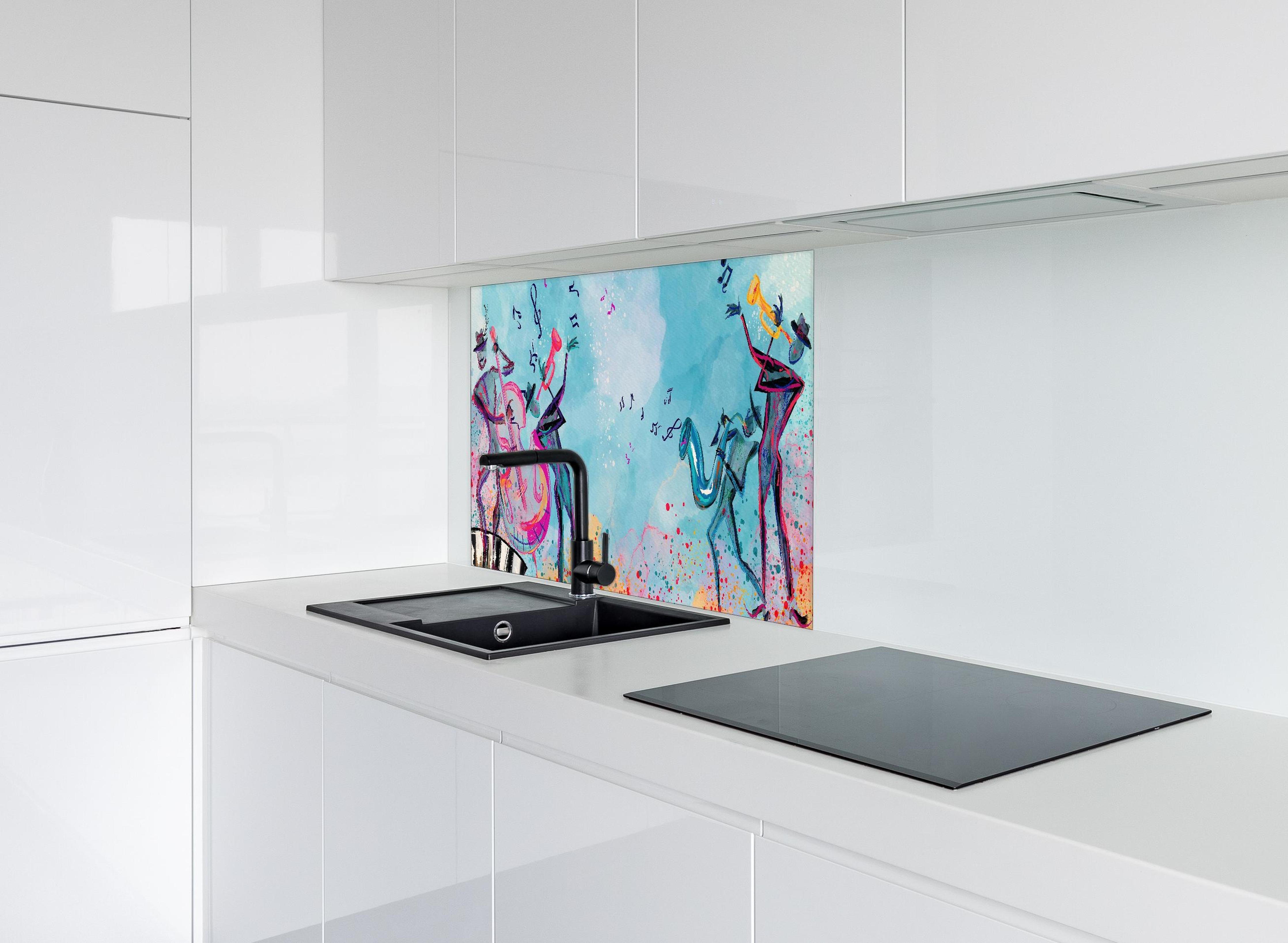 Spritzschutz - Musiker Illustriert im Aquarell-Stil hinter einem Cerankochfeld zwischen Holz-Kochutensilien