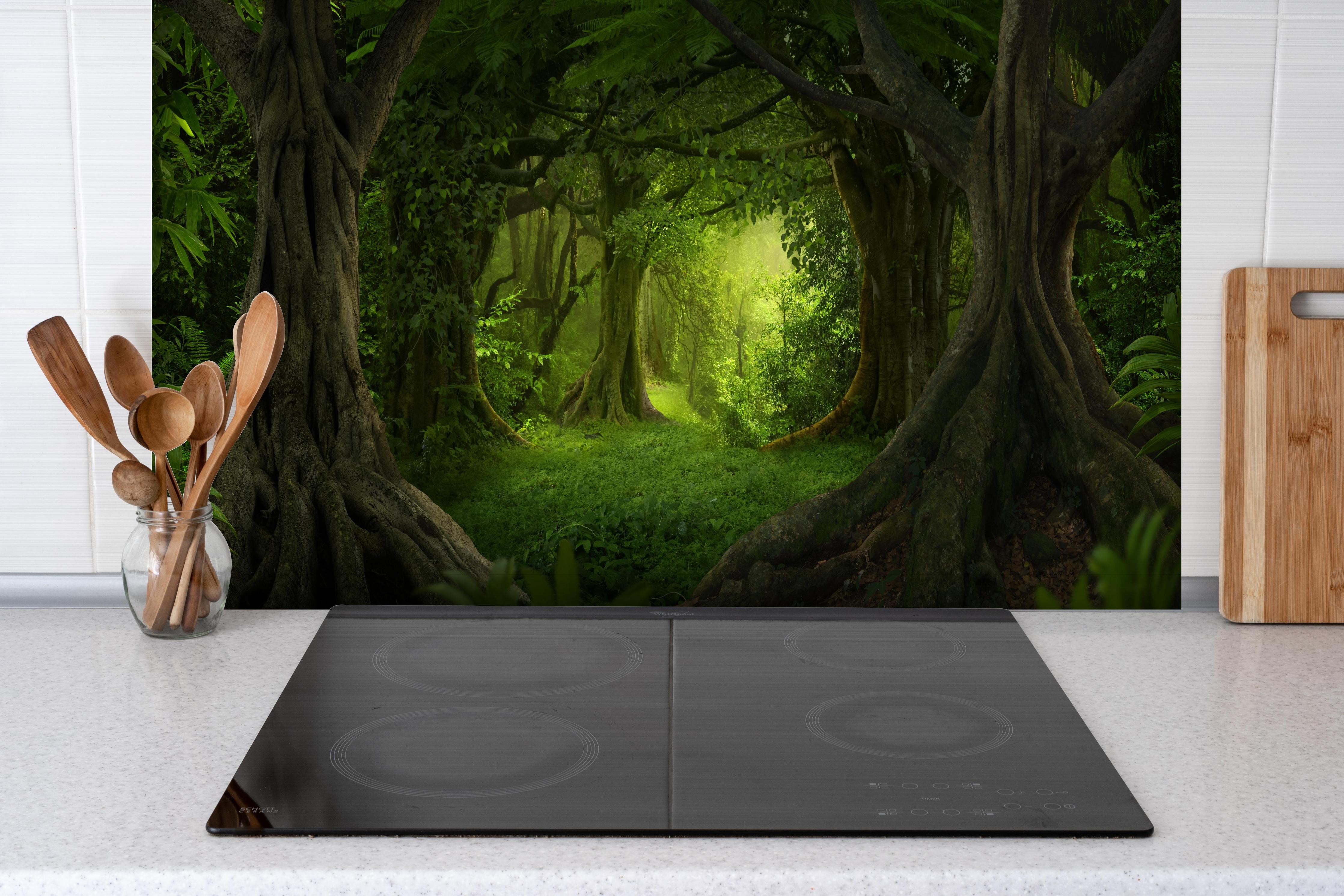 Spritzschutz - Mystische Dschungel Lichtung Atmosphäre hinter einem Cerankochfeld zwischen Holz-Kochutensilien
