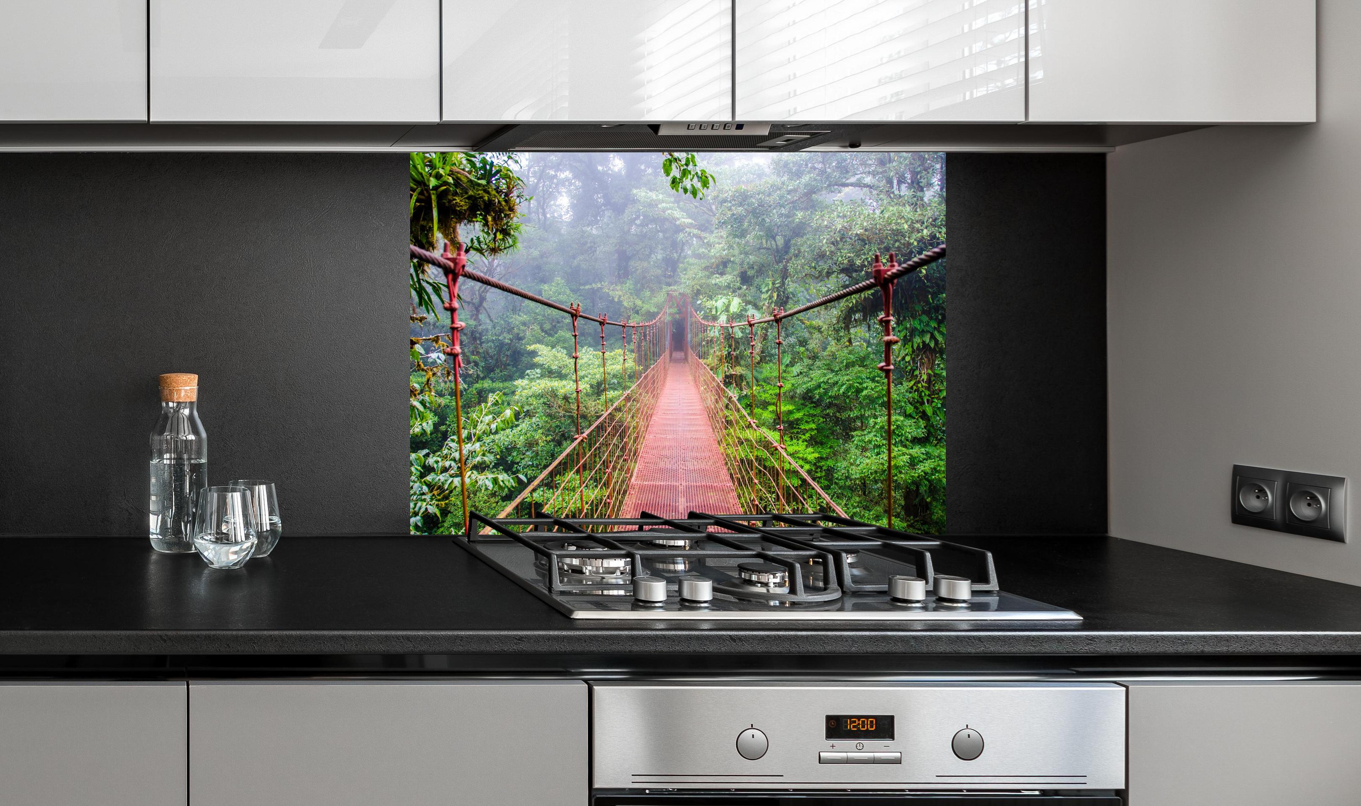 Spritzschutz - Mystische Hängebrücke im nebeligen Regenwald hinter einem Cerankochfeld zwischen Holz-Kochutensilien