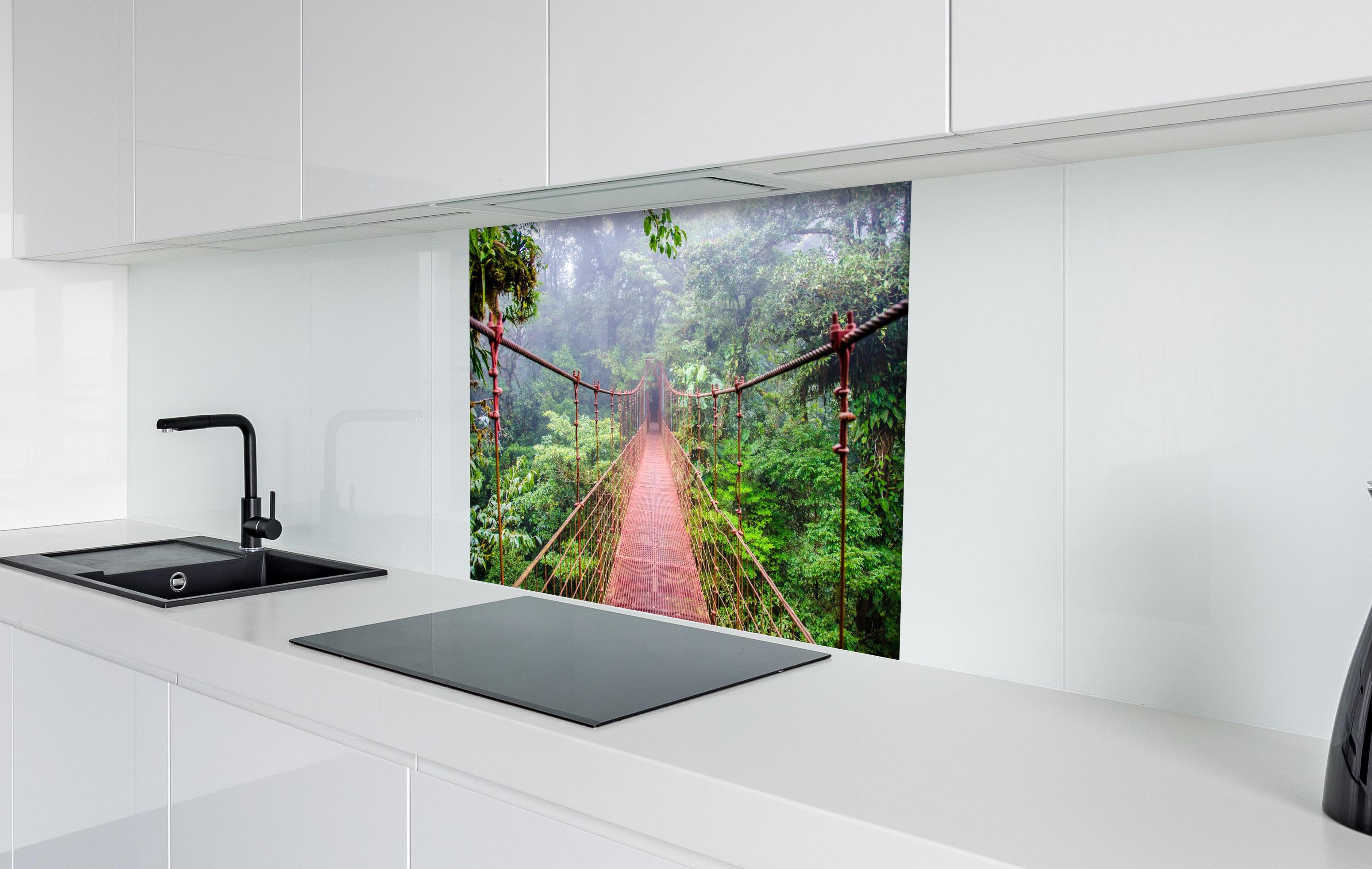 Spritzschutz - Mystische Hängebrücke im nebeligen Regenwald hinter einem Cerankochfeld zwischen Holz-Kochutensilien