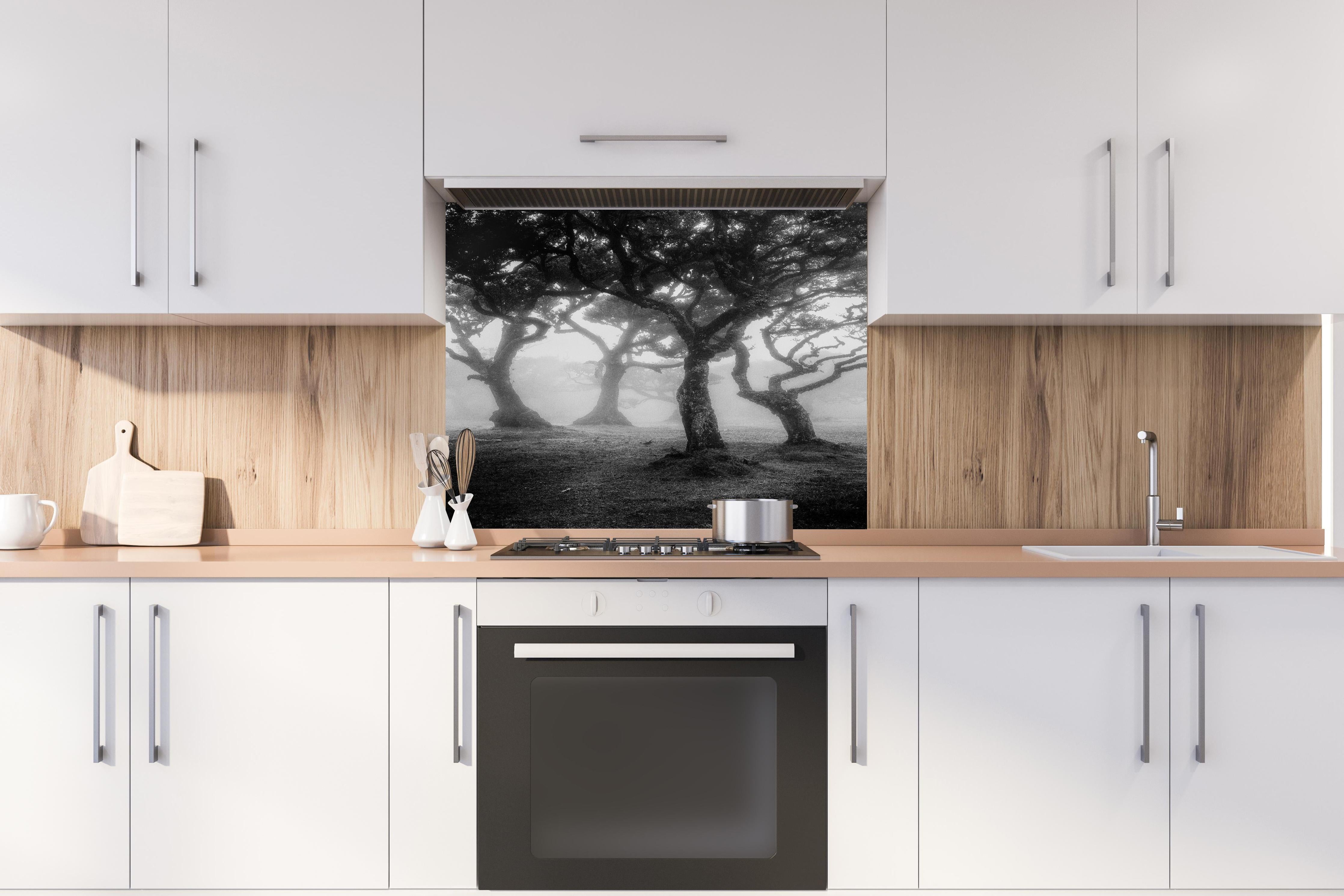 Spritzschutz - Mystischer Fanal Nebelwald Monochrom hinter einem Cerankochfeld zwischen Holz-Kochutensilien
