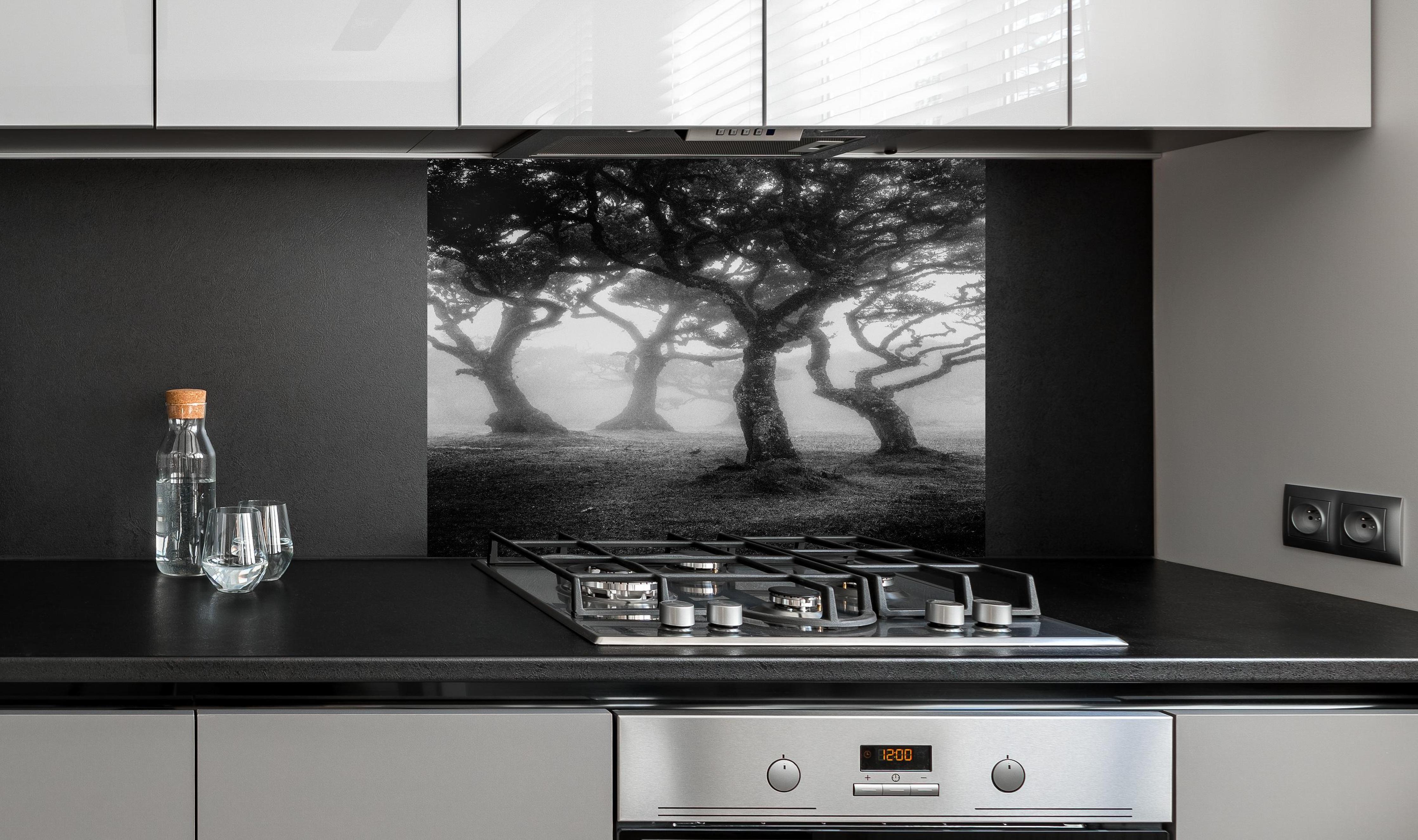 Spritzschutz - Mystischer Fanal Nebelwald Monochrom hinter einem Cerankochfeld zwischen Holz-Kochutensilien