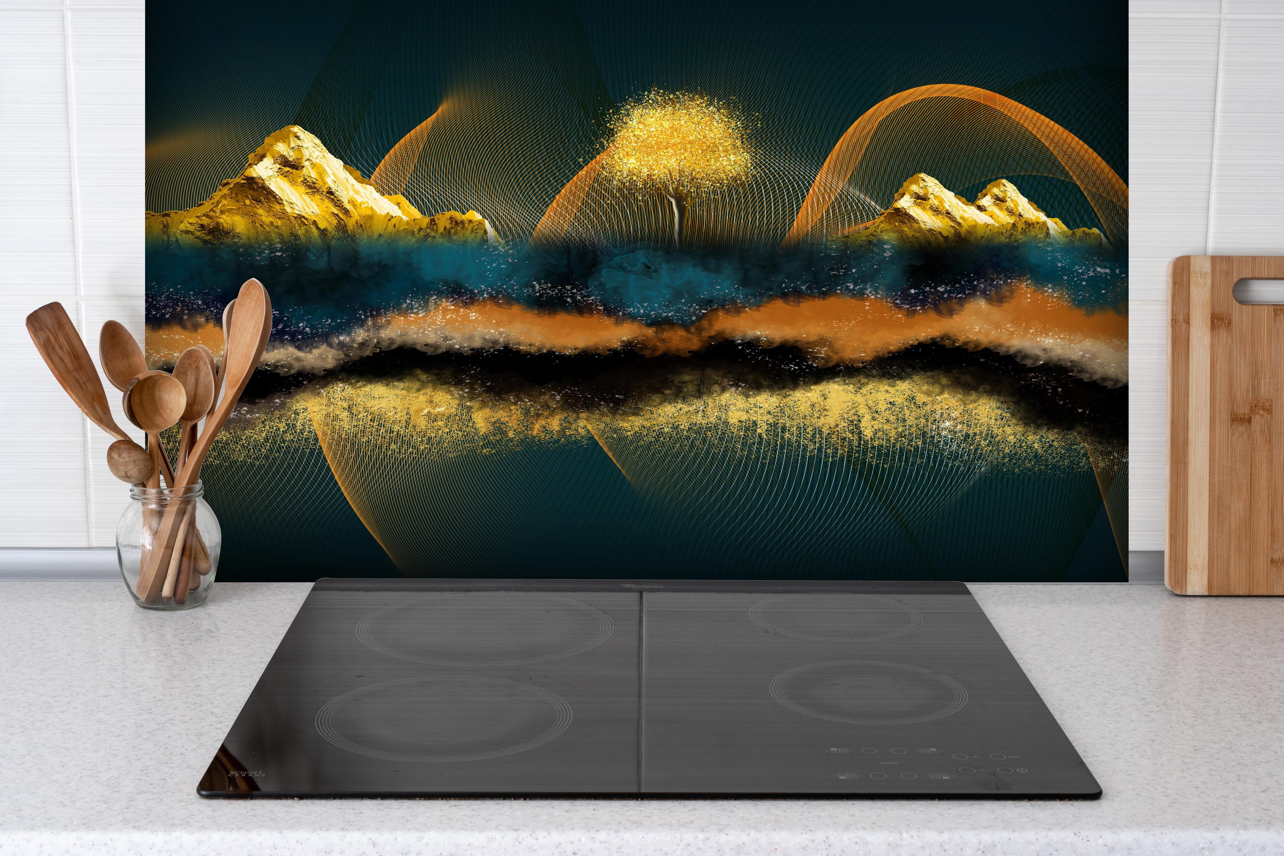 Spritzschutz - Nächtlicher Anblick - Zeichnung hinter einem Cerankochfeld zwischen Holz-Kochutensilien