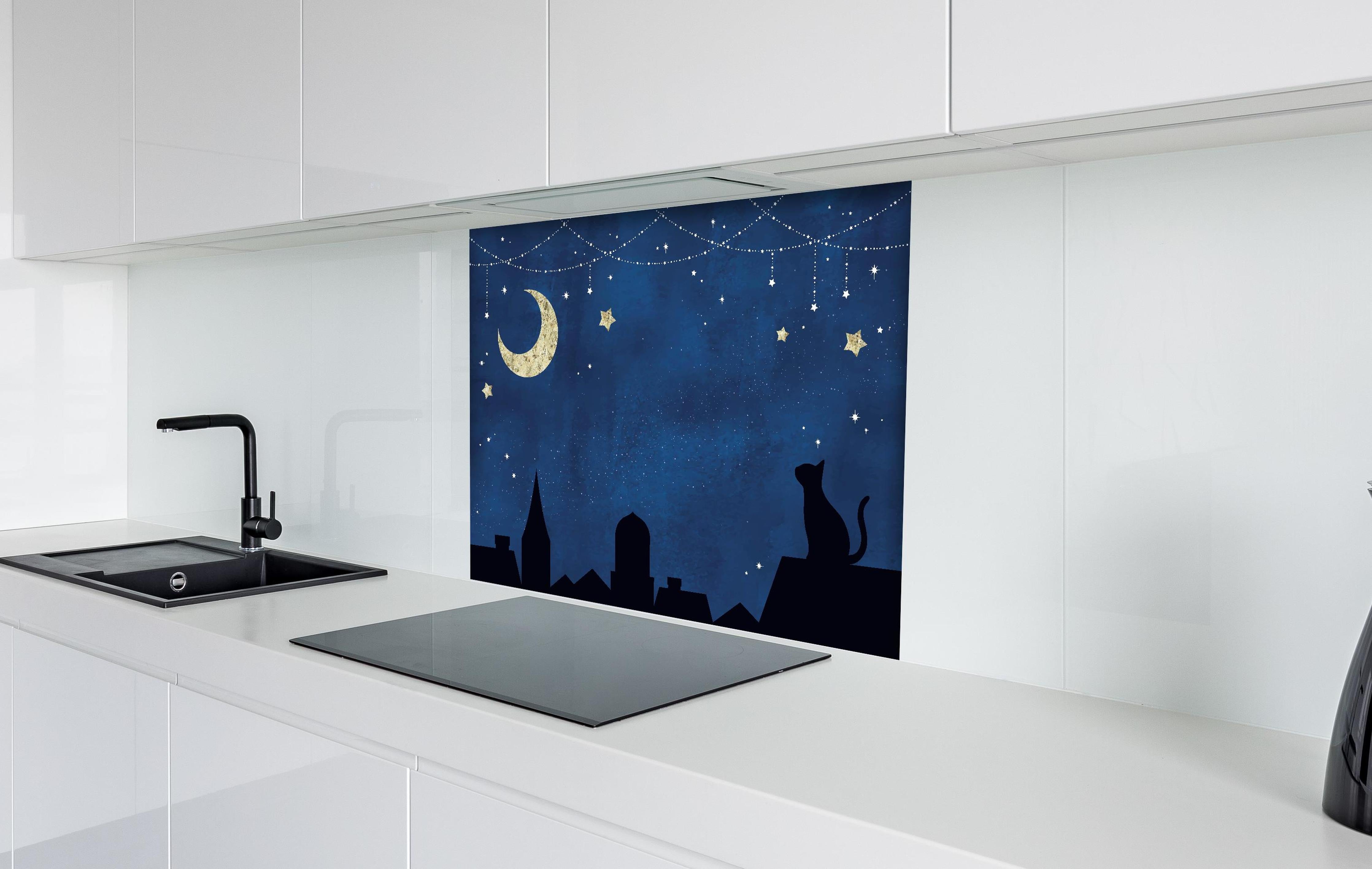 Spritzschutz - Nächtlicher Sternenhimmel mit Katze hinter einem Cerankochfeld zwischen Holz-Kochutensilien