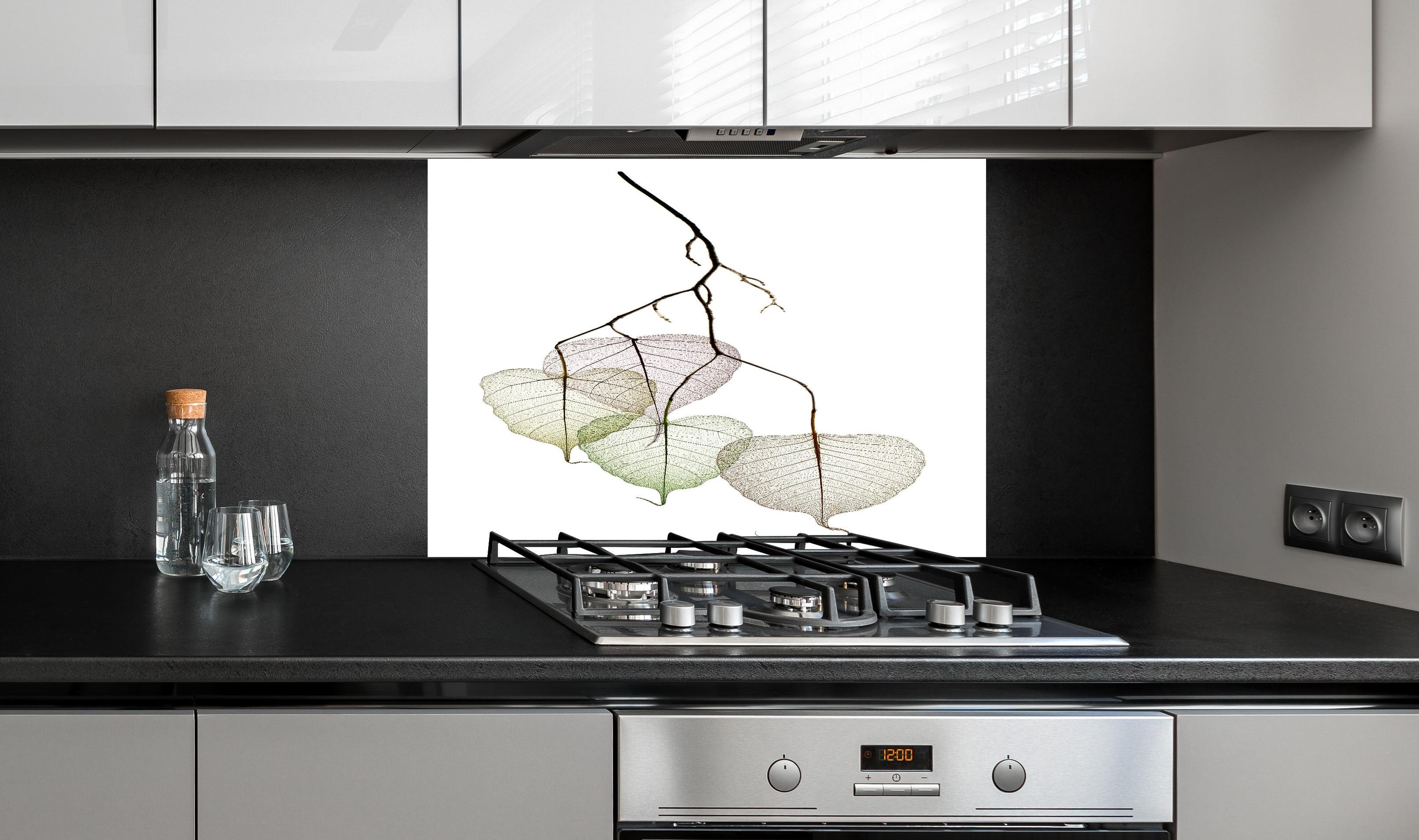 Spritzschutz - Nahaufnahme - Blätterzweige hinter einem Cerankochfeld zwischen Holz-Kochutensilien