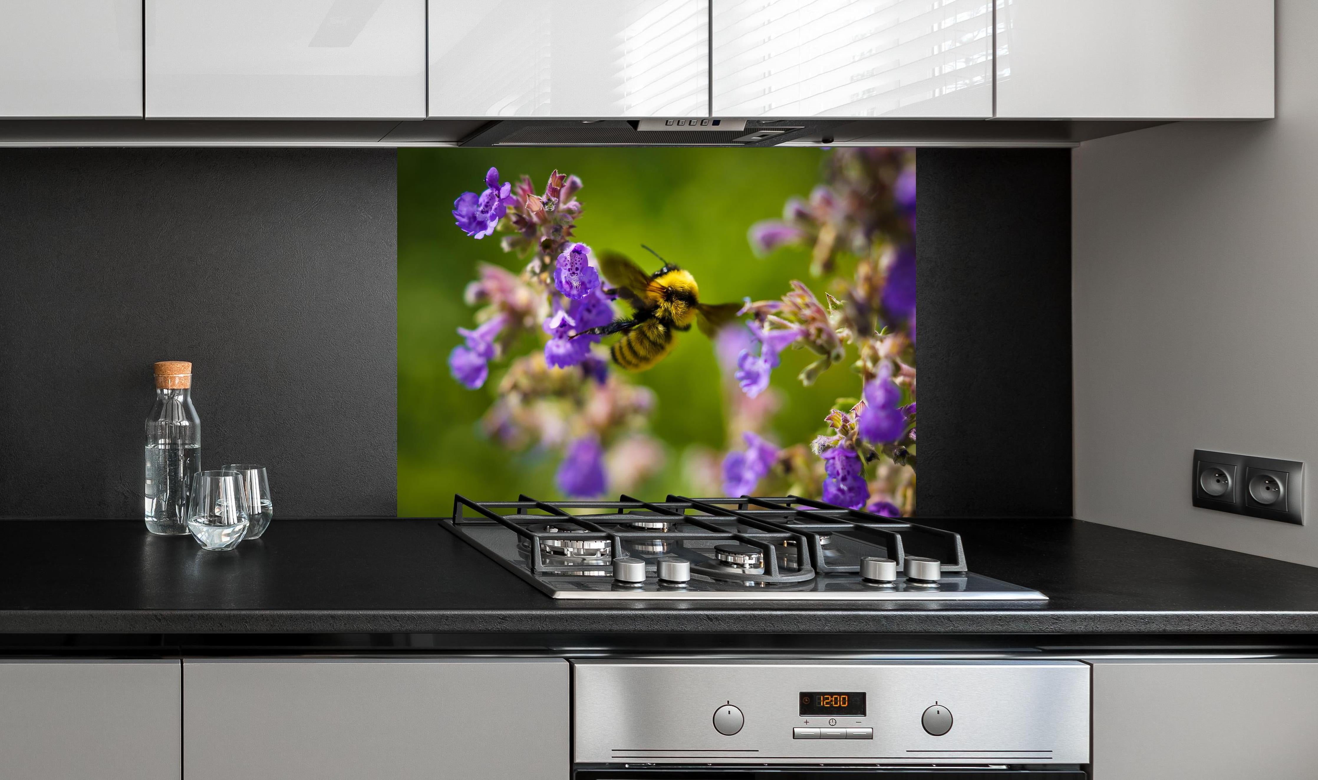 Spritzschutz - Nahaufnahme einer Honigbiene hinter einem Cerankochfeld zwischen Holz-Kochutensilien