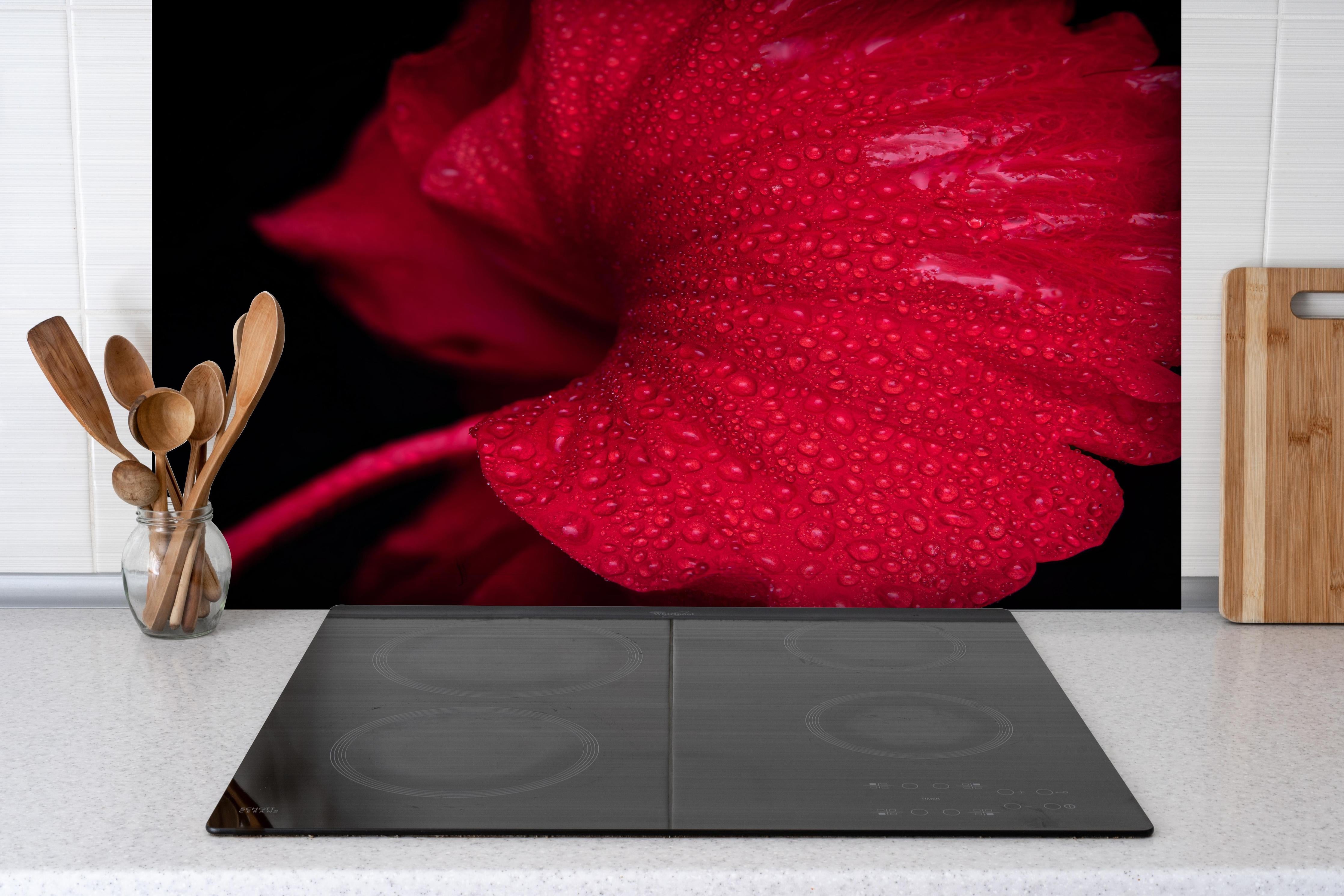 Spritzschutz - Nahaufnahme von rötlicher Frühlingsblume mit Regentropfen hinter einem Cerankochfeld zwischen Holz-Kochutensilien