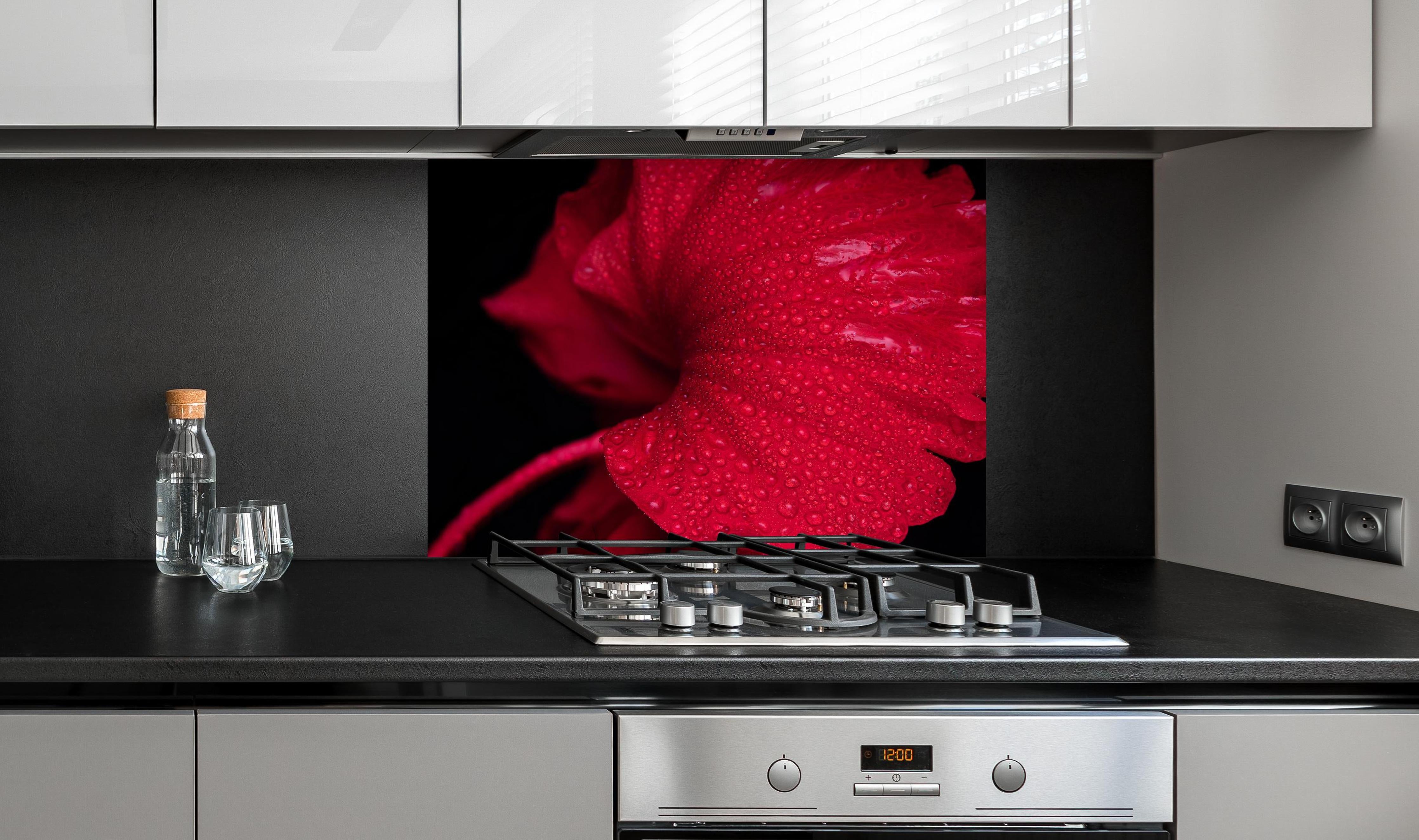 Spritzschutz - Nahaufnahme von rötlicher Frühlingsblume mit Regentropfen hinter einem Cerankochfeld zwischen Holz-Kochutensilien