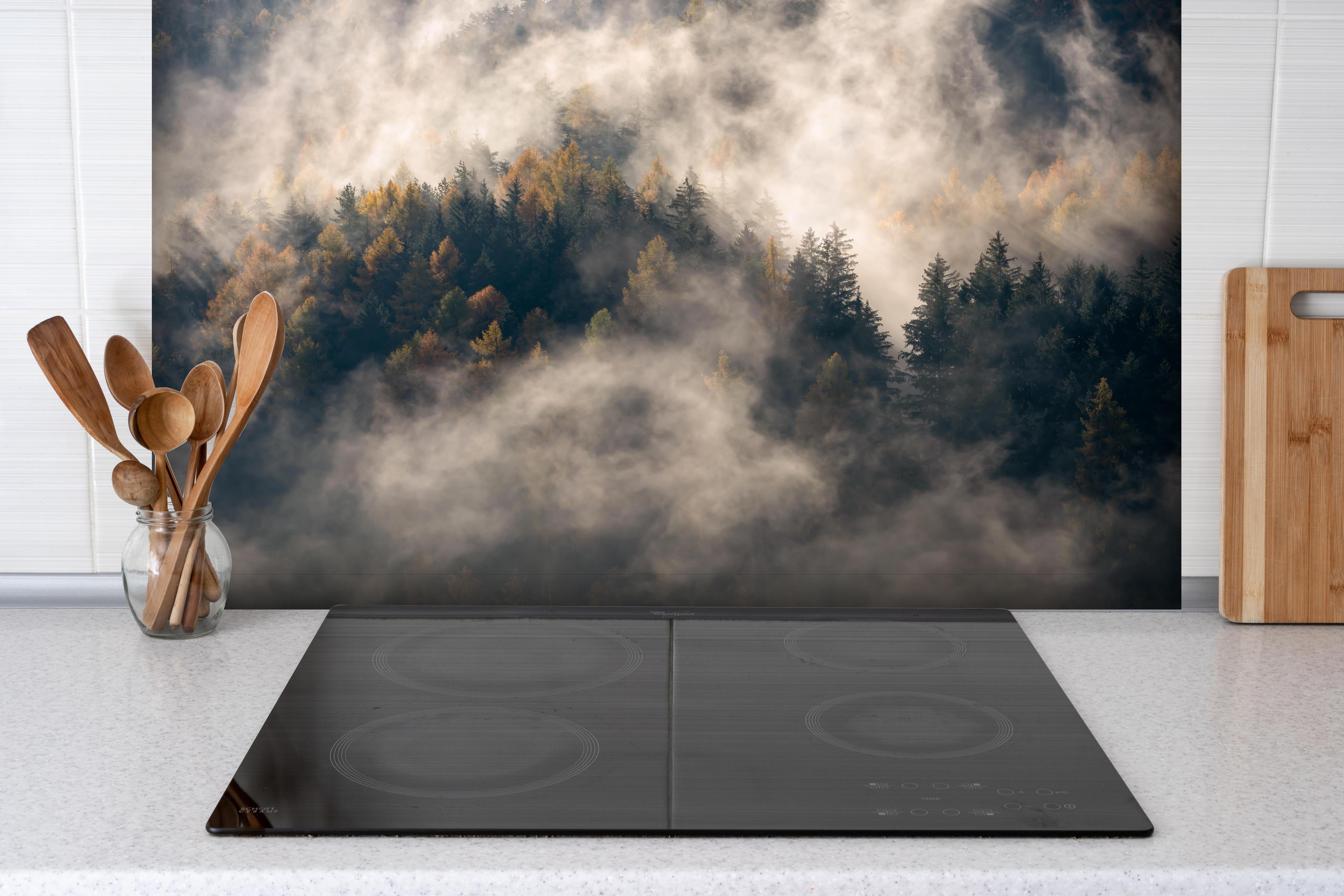 Spritzschutz - Nebel im Wald hinter einem Cerankochfeld zwischen Holz-Kochutensilien