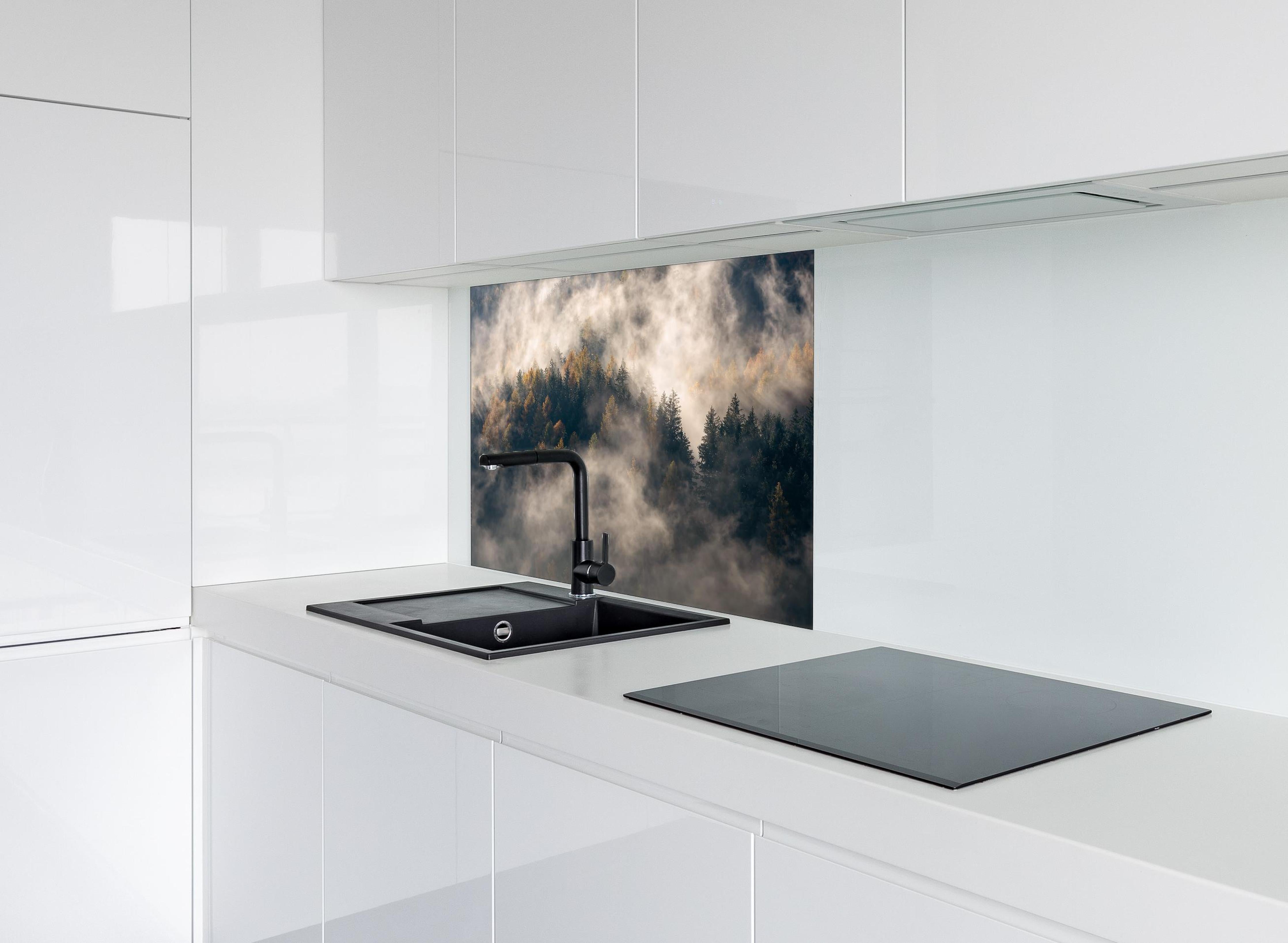 Spritzschutz - Nebel im Wald hinter einem Cerankochfeld zwischen Holz-Kochutensilien