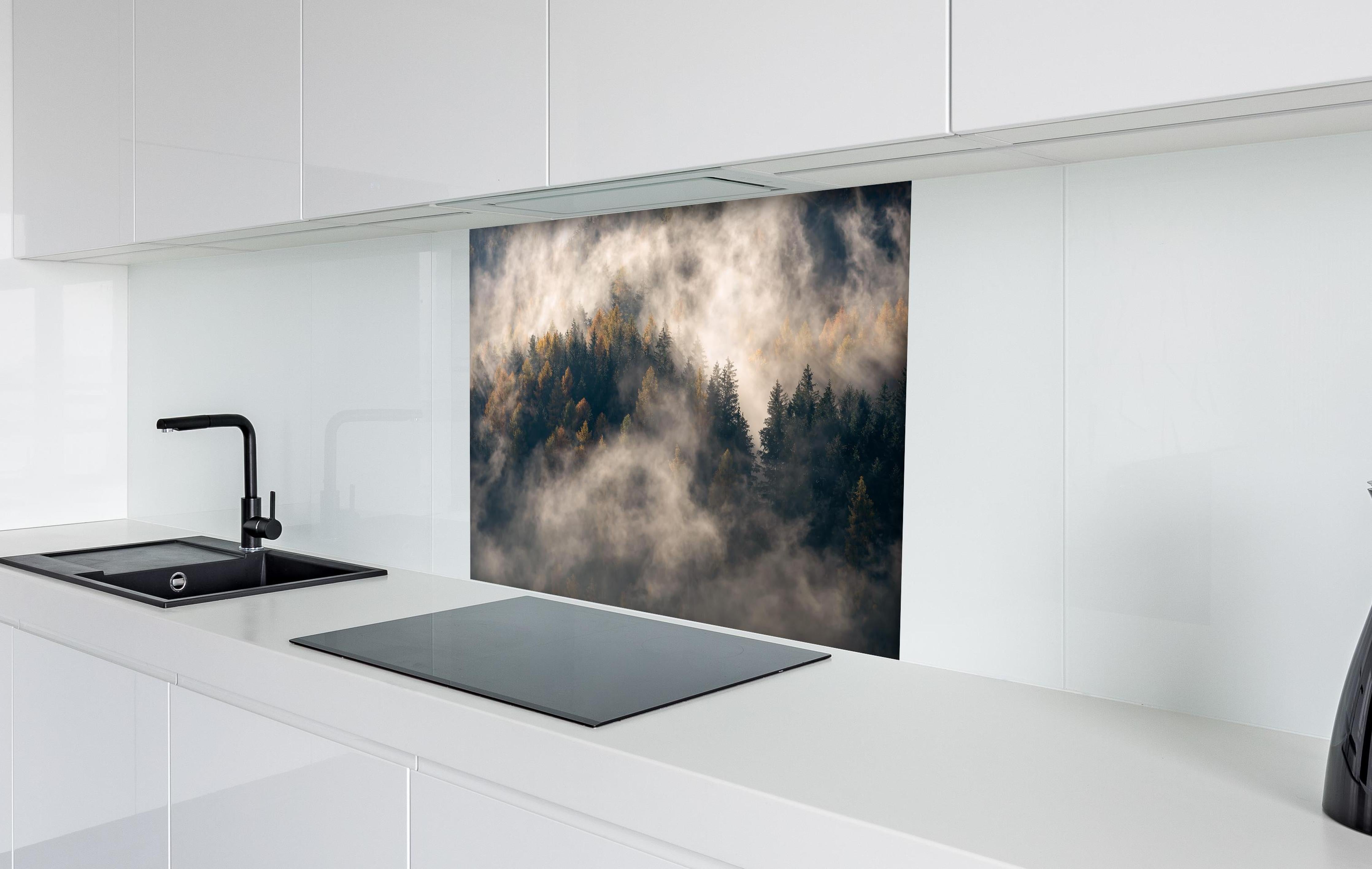 Spritzschutz - Nebel im Wald hinter einem Cerankochfeld zwischen Holz-Kochutensilien