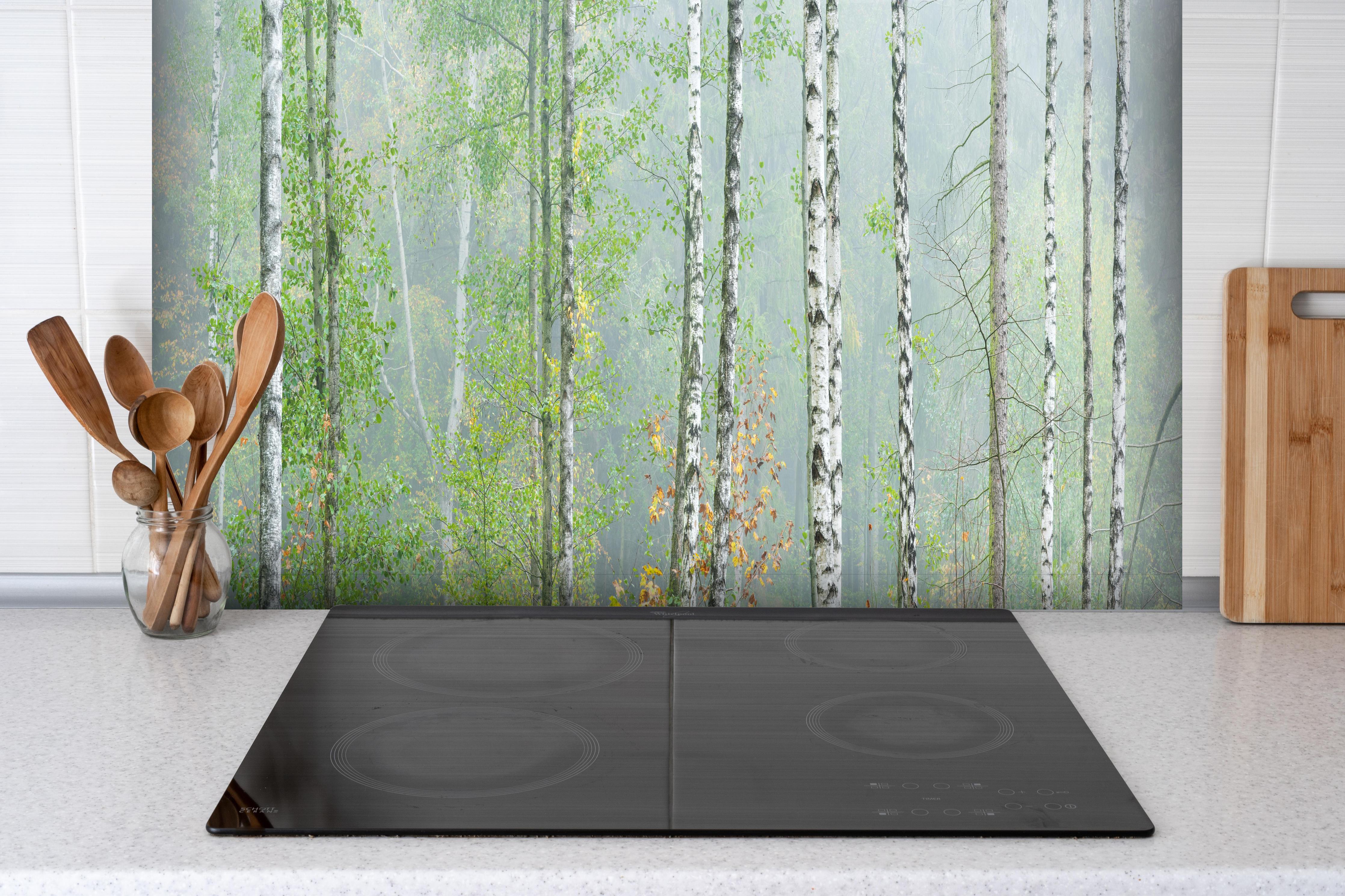 Spritzschutz - Nebeliger Birkenwald hinter einem Cerankochfeld zwischen Holz-Kochutensilien