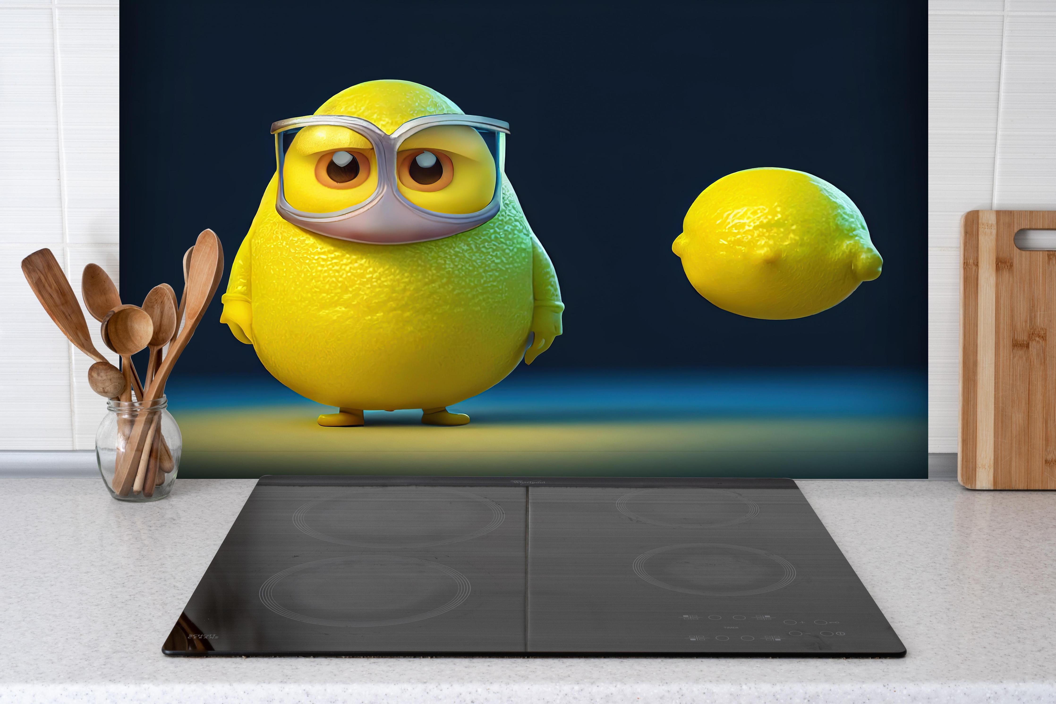 Spritzschutz - Nerdige Cartoon Zitrone hinter einem Cerankochfeld zwischen Holz-Kochutensilien
