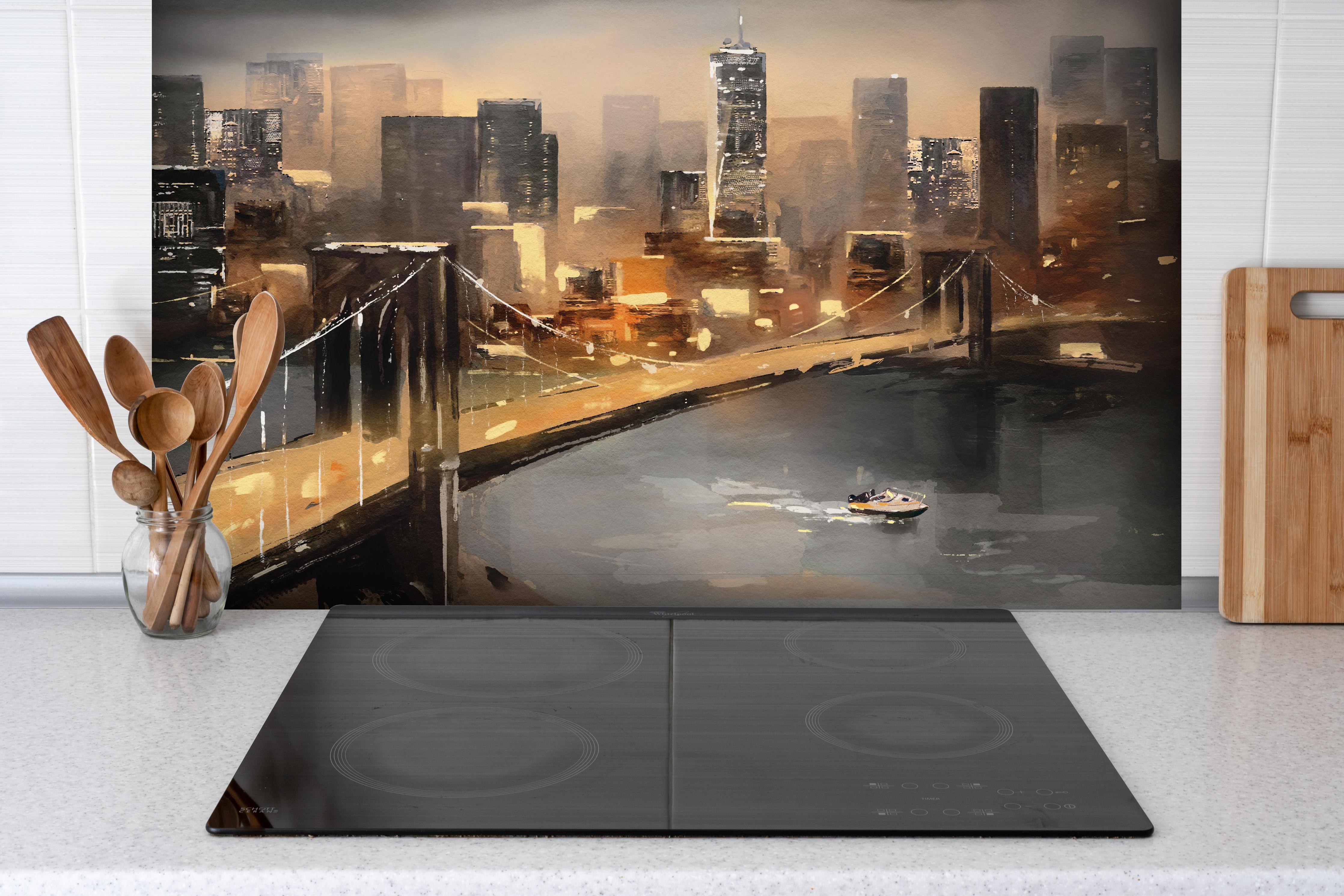 Spritzschutz - Ölgemälde auf Leinwand - Ansicht von New York hinter einem Cerankochfeld zwischen Holz-Kochutensilien