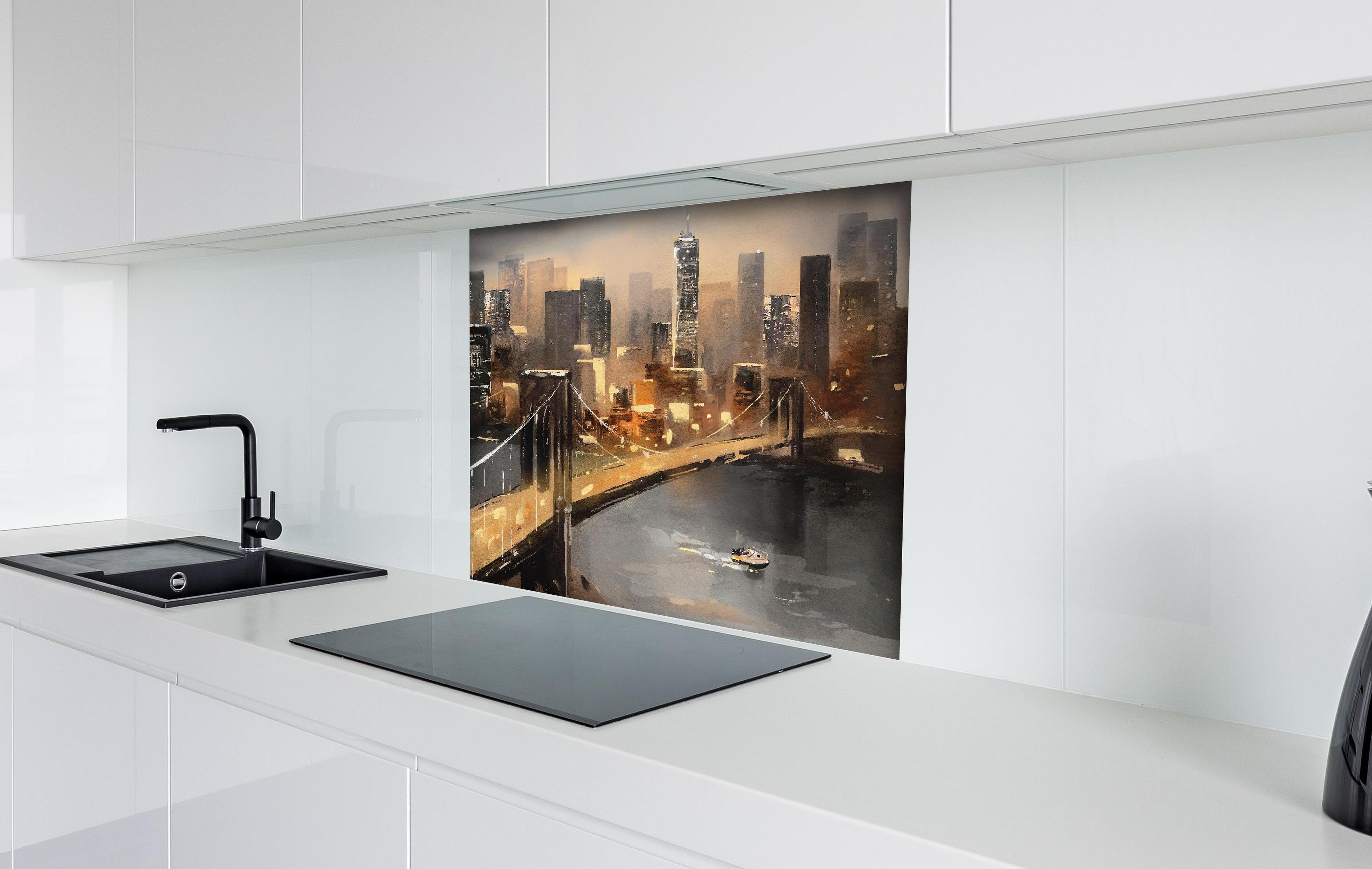 Spritzschutz - Ölgemälde auf Leinwand - Ansicht von New York hinter einem Cerankochfeld zwischen Holz-Kochutensilien