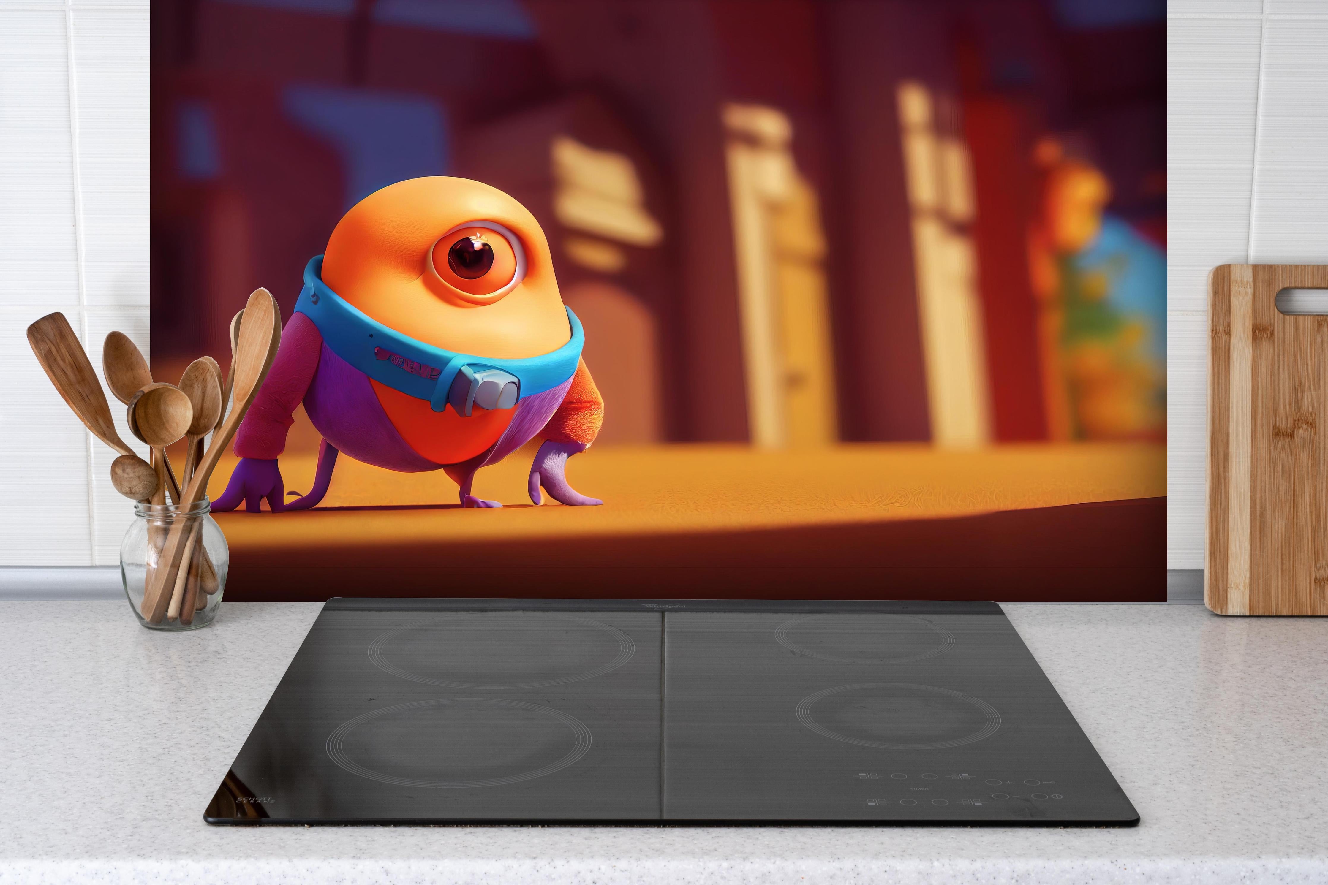 Spritzschutz - Orangenes Cartoon Männchen hinter einem Cerankochfeld zwischen Holz-Kochutensilien