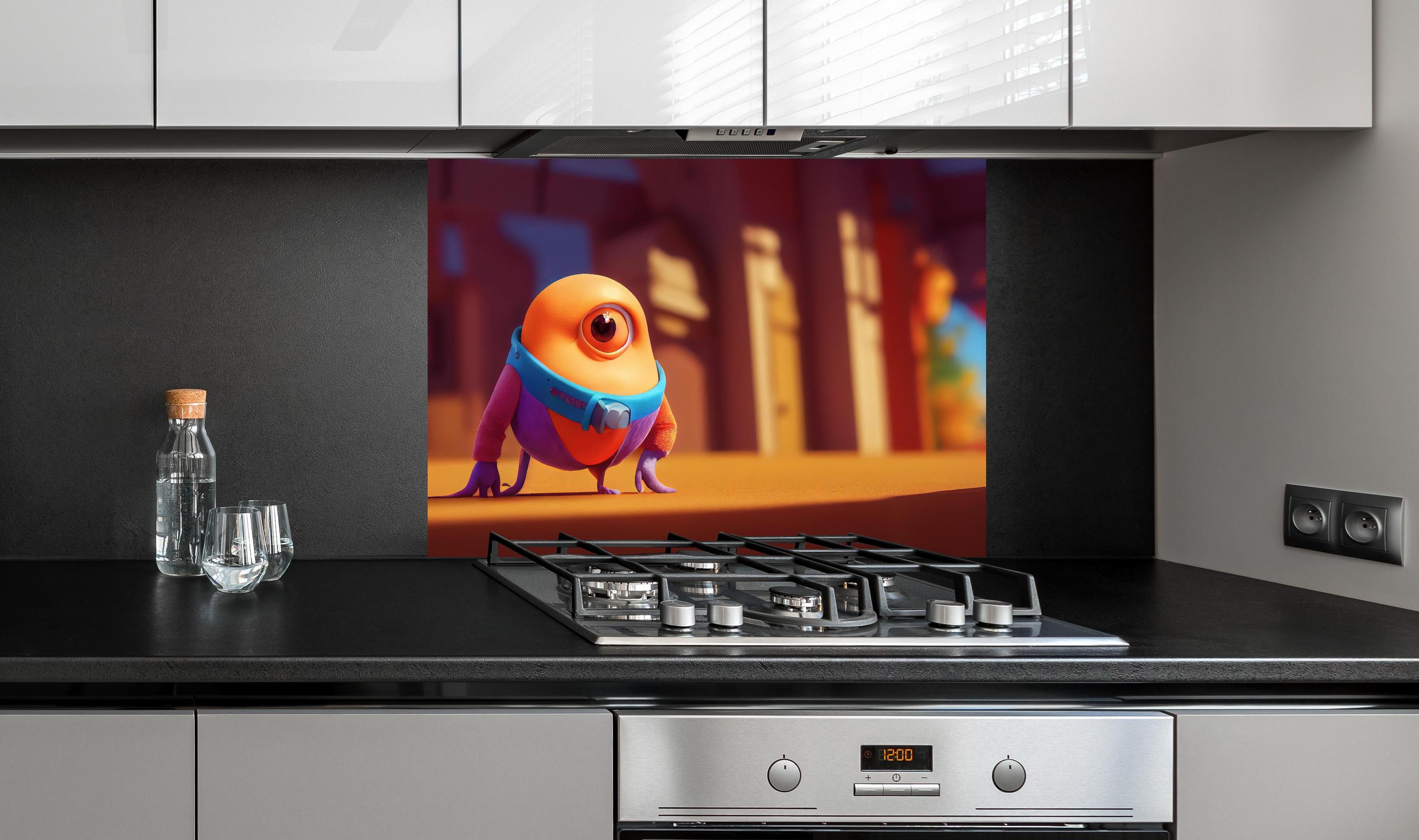 Spritzschutz - Orangenes Cartoon Männchen hinter einem Cerankochfeld zwischen Holz-Kochutensilien