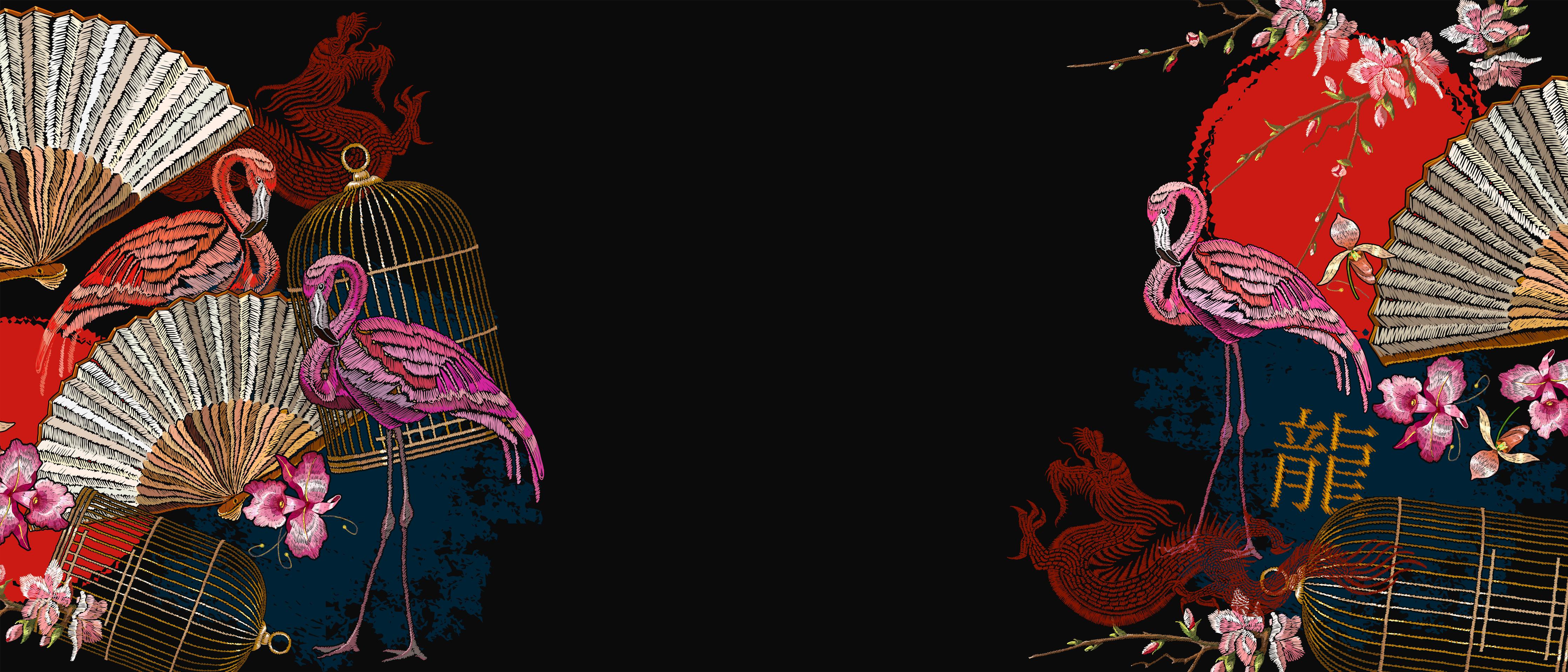 Spritzschutz-Orientalischer Banner mit Drachen und Flamingos