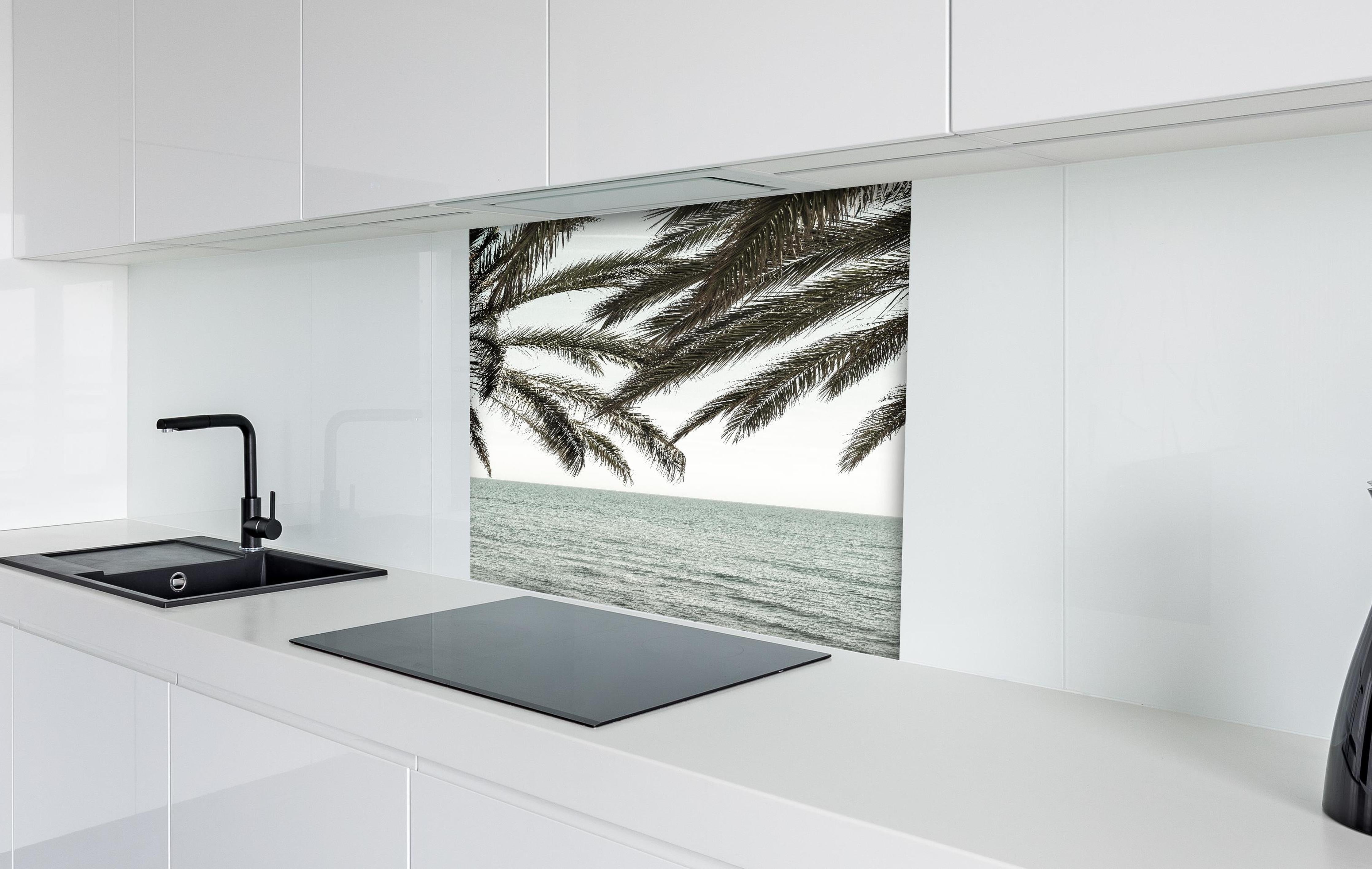 Spritzschutz - Palmen an der Küste hinter einem Cerankochfeld zwischen Holz-Kochutensilien