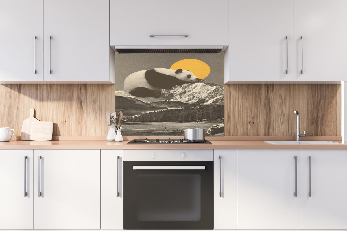 Spritzschutz - Panda Rast in monochromer Bergwelt hinter einem Cerankochfeld zwischen Holz-Kochutensilien
