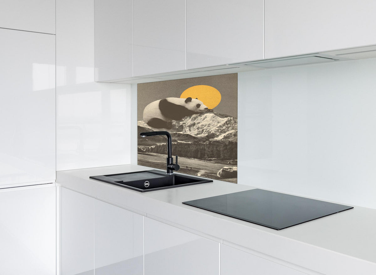 Spritzschutz - Panda Rast in monochromer Bergwelt hinter einem Cerankochfeld zwischen Holz-Kochutensilien