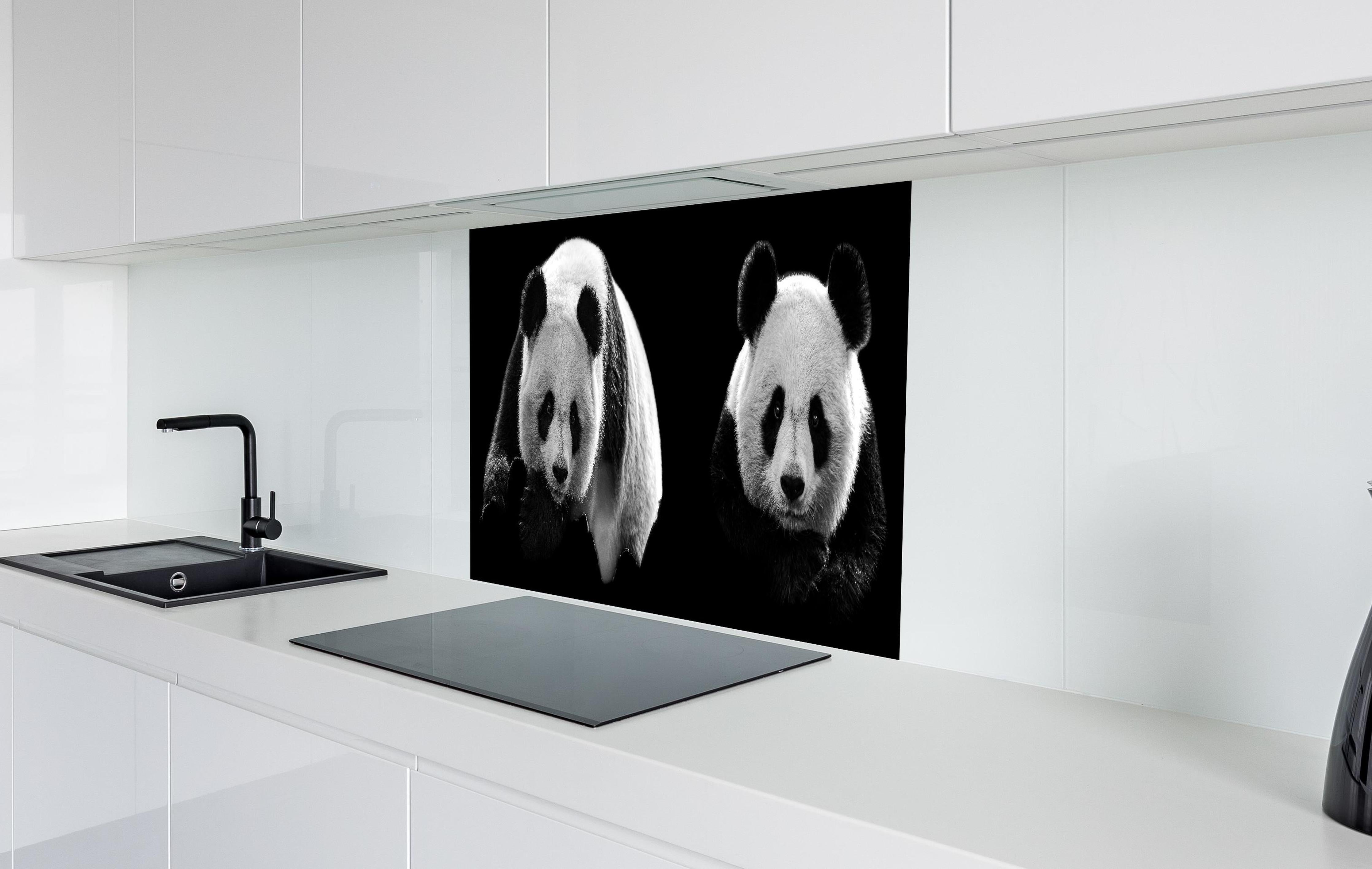 Spritzschutz - Panda mit schwarzem Hintergrund hinter einem Cerankochfeld zwischen Holz-Kochutensilien