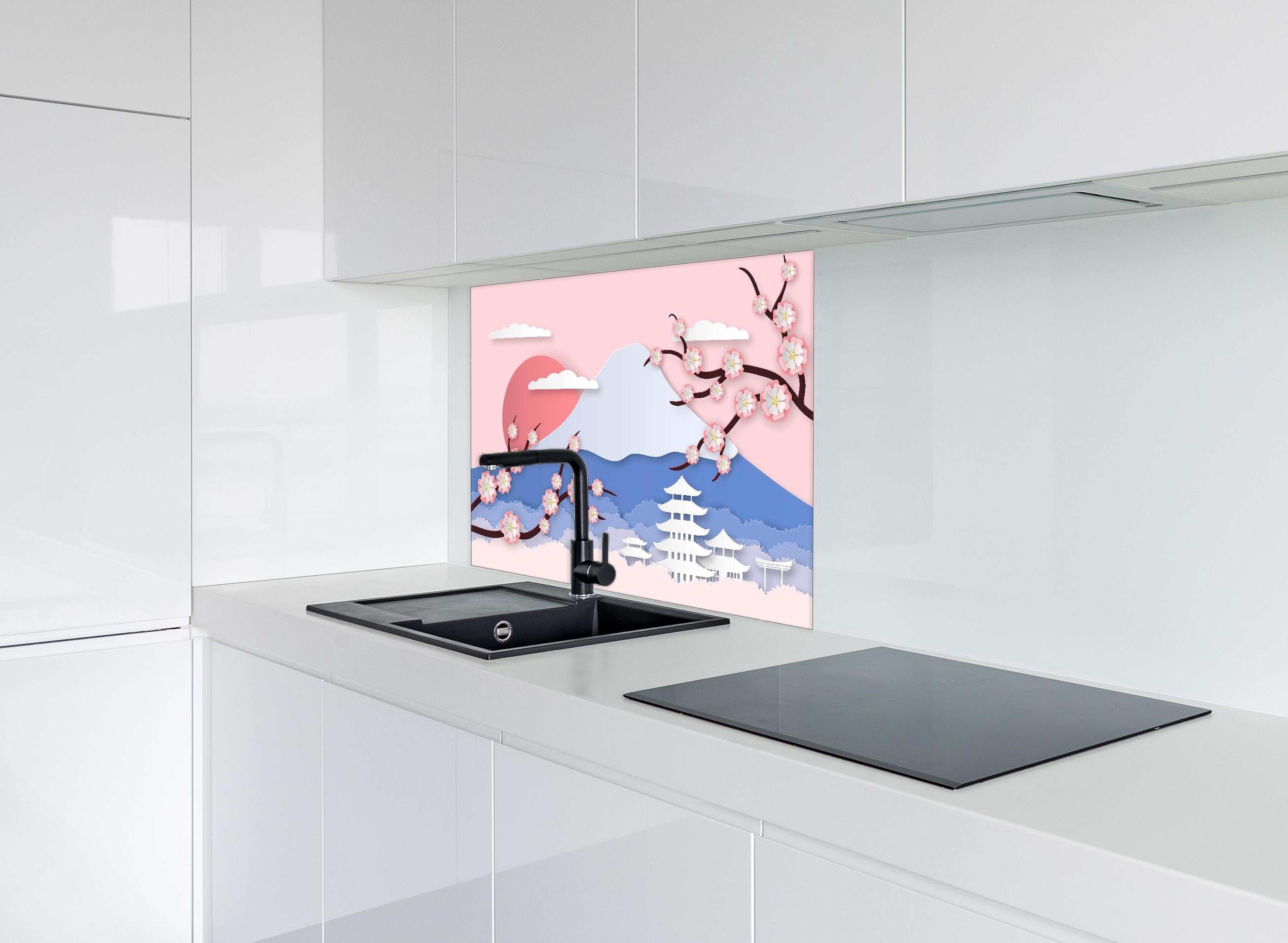 Spritzschutz - Papierkunst Japan Berge Sakura Sonnenuntergang hinter einem Cerankochfeld zwischen Holz-Kochutensilien