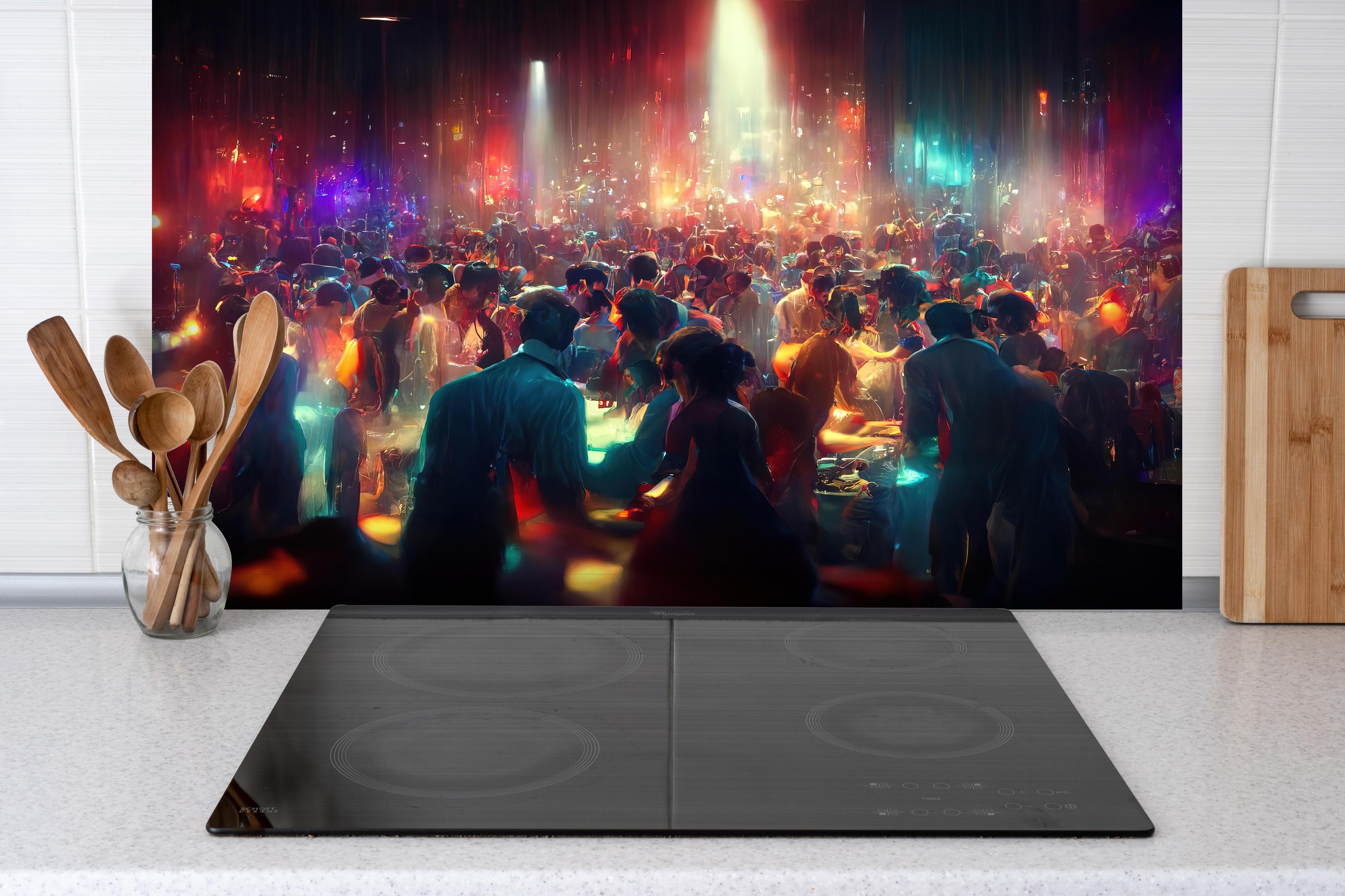 Spritzschutz - Party 3D-Illustration hinter einem Cerankochfeld zwischen Holz-Kochutensilien