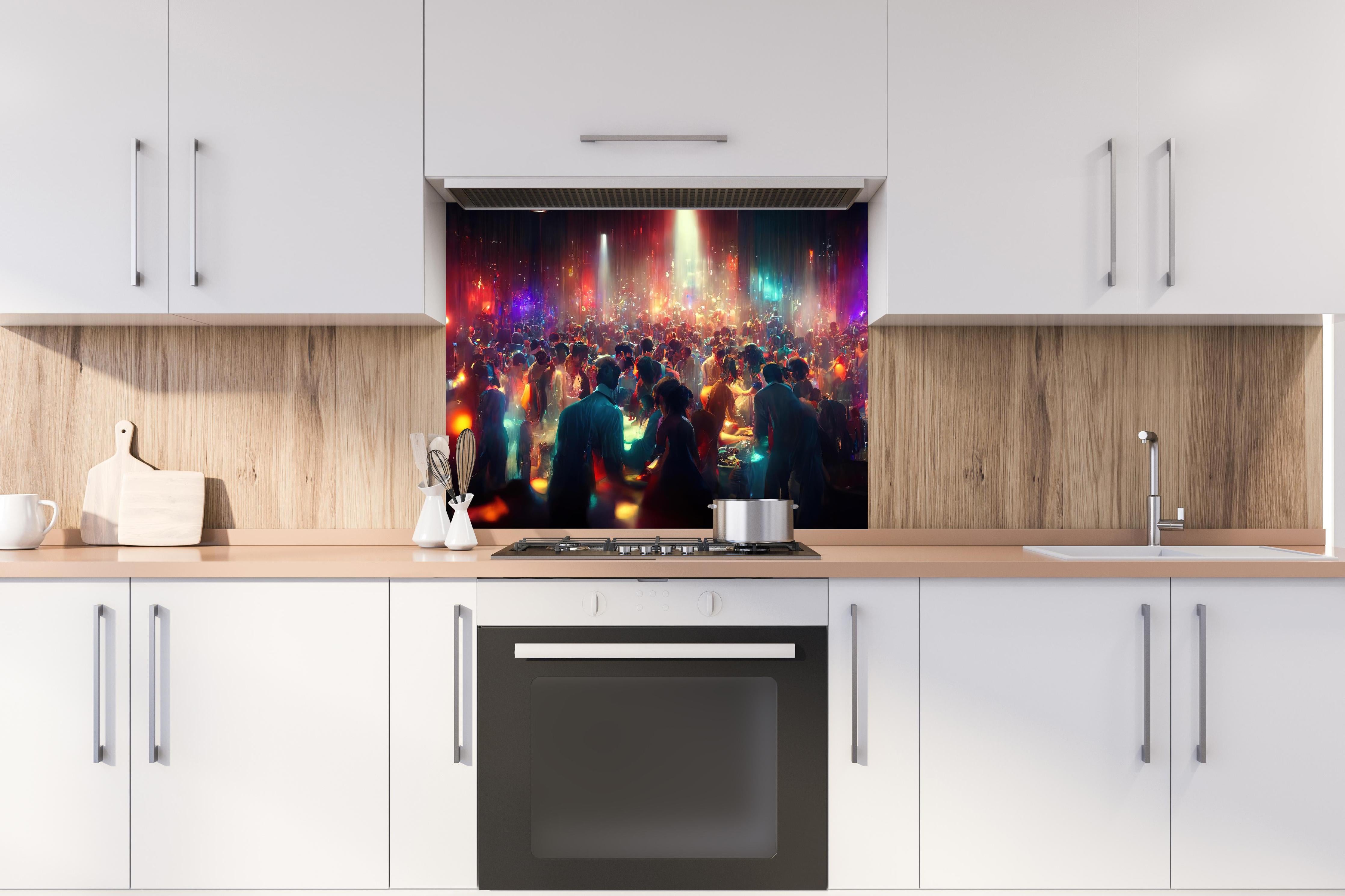 Spritzschutz - Party 3D-Illustration hinter einem Cerankochfeld zwischen Holz-Kochutensilien