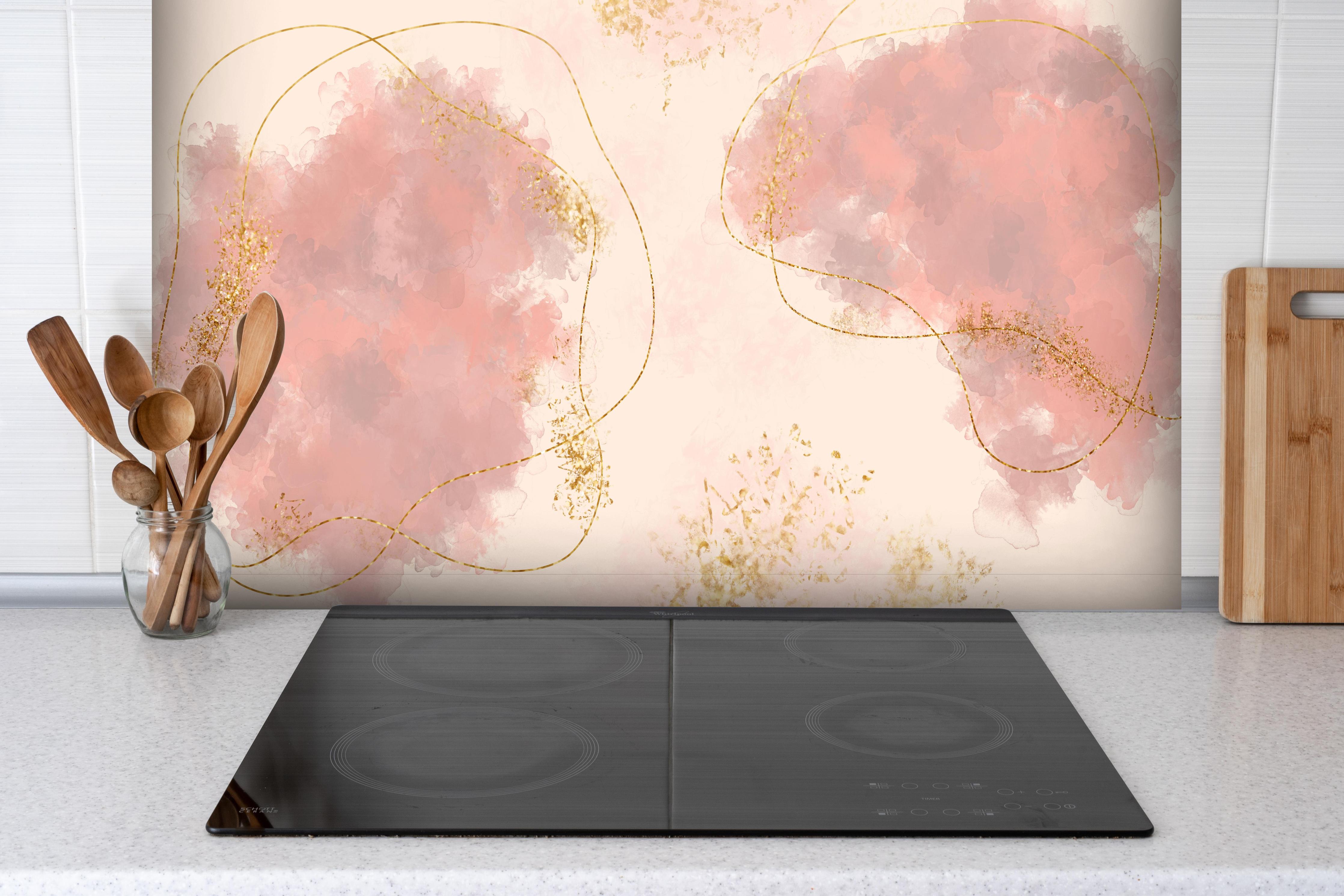 Spritzschutz - Pastell Farben Zeichnung - Rosa hinter einem Cerankochfeld zwischen Holz-Kochutensilien