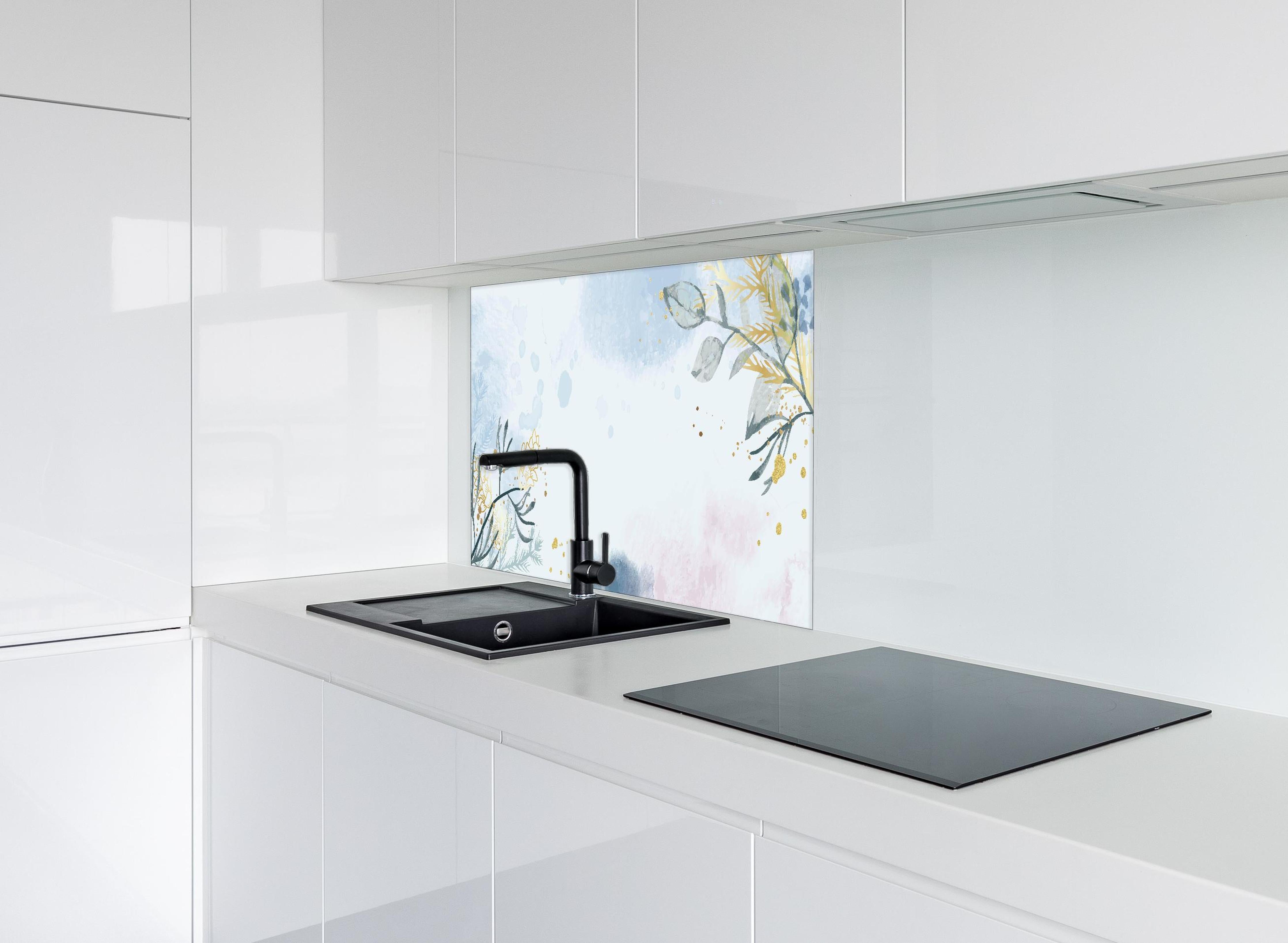 Spritzschutz - Pastellfarbene Aquarell Blumenillustration hinter einem Cerankochfeld zwischen Holz-Kochutensilien