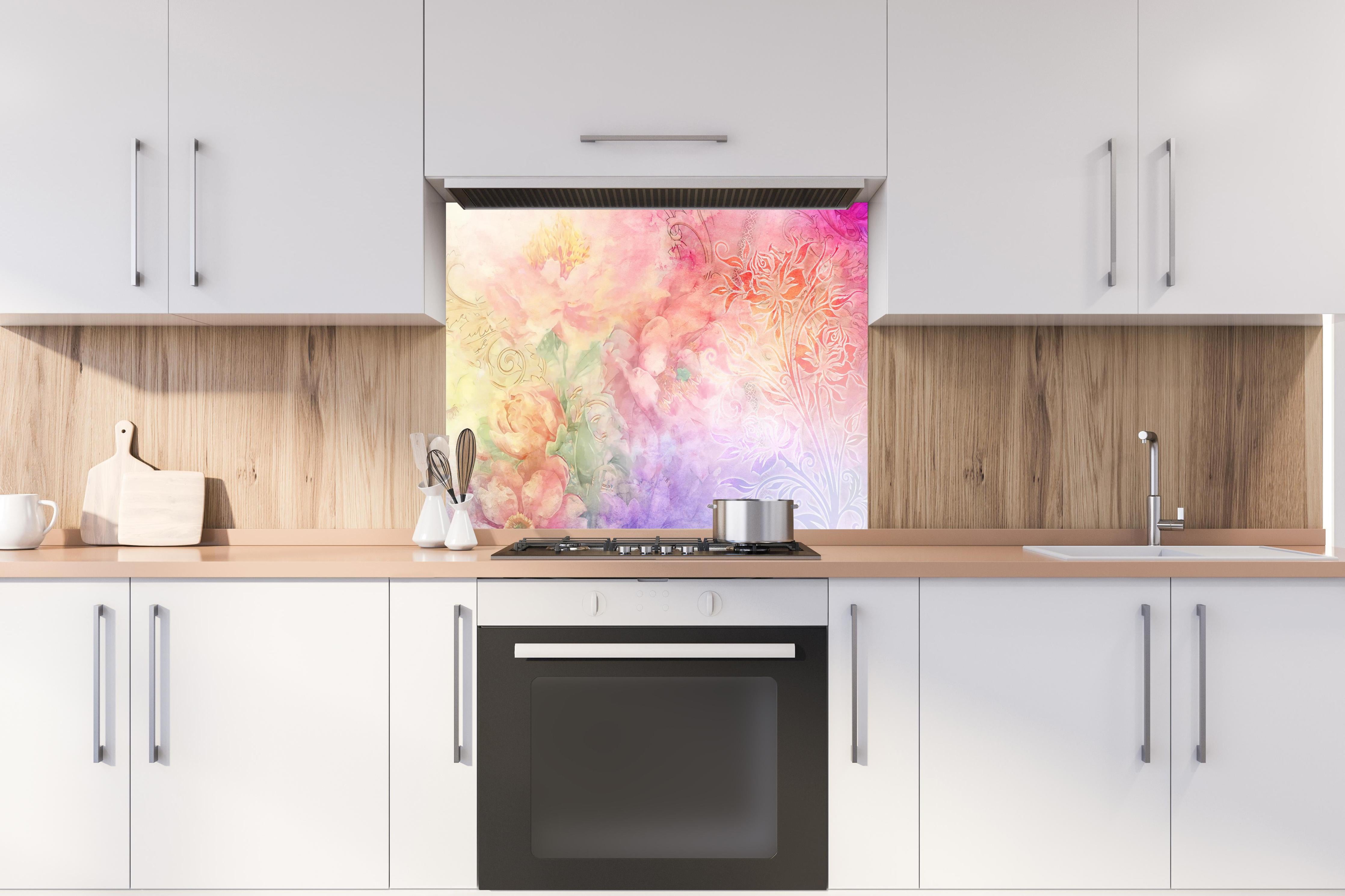 Spritzschutz - Pastellfarbene Blumenkunst Aquarell-Design hinter einem Cerankochfeld zwischen Holz-Kochutensilien