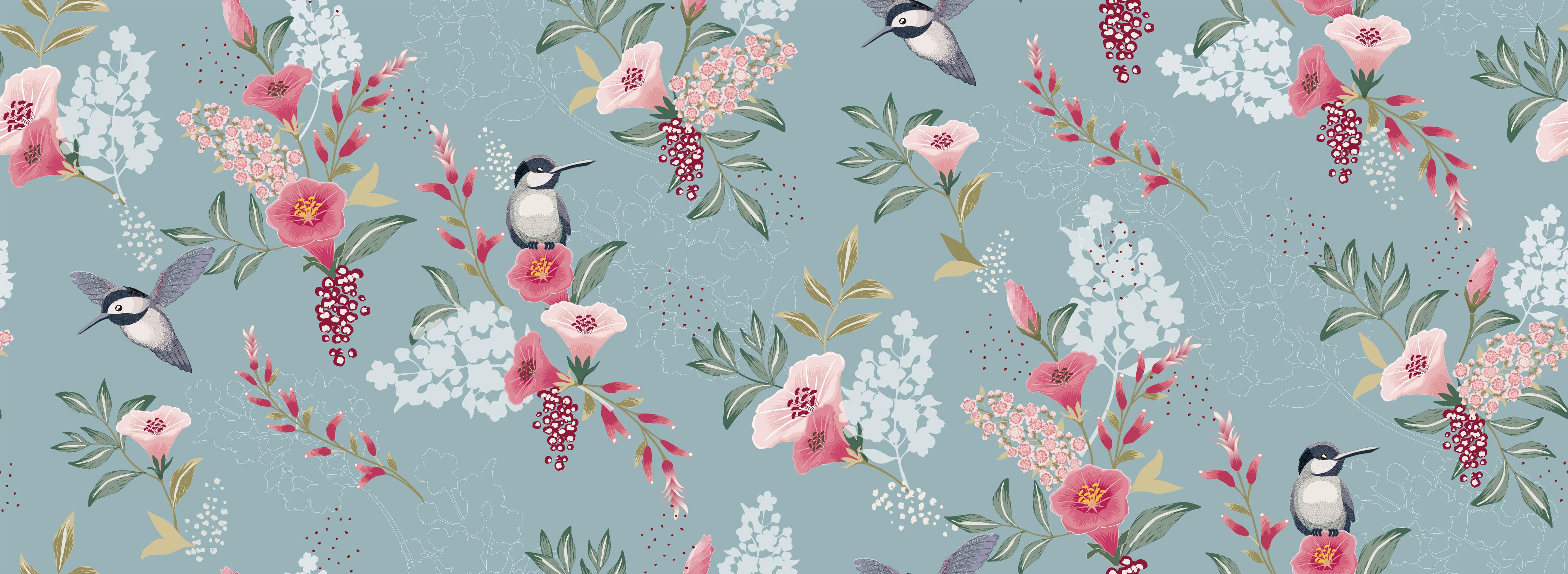 Spritzschutz-Pastellfarbenes Blumenmuster mit Kohlmeisen