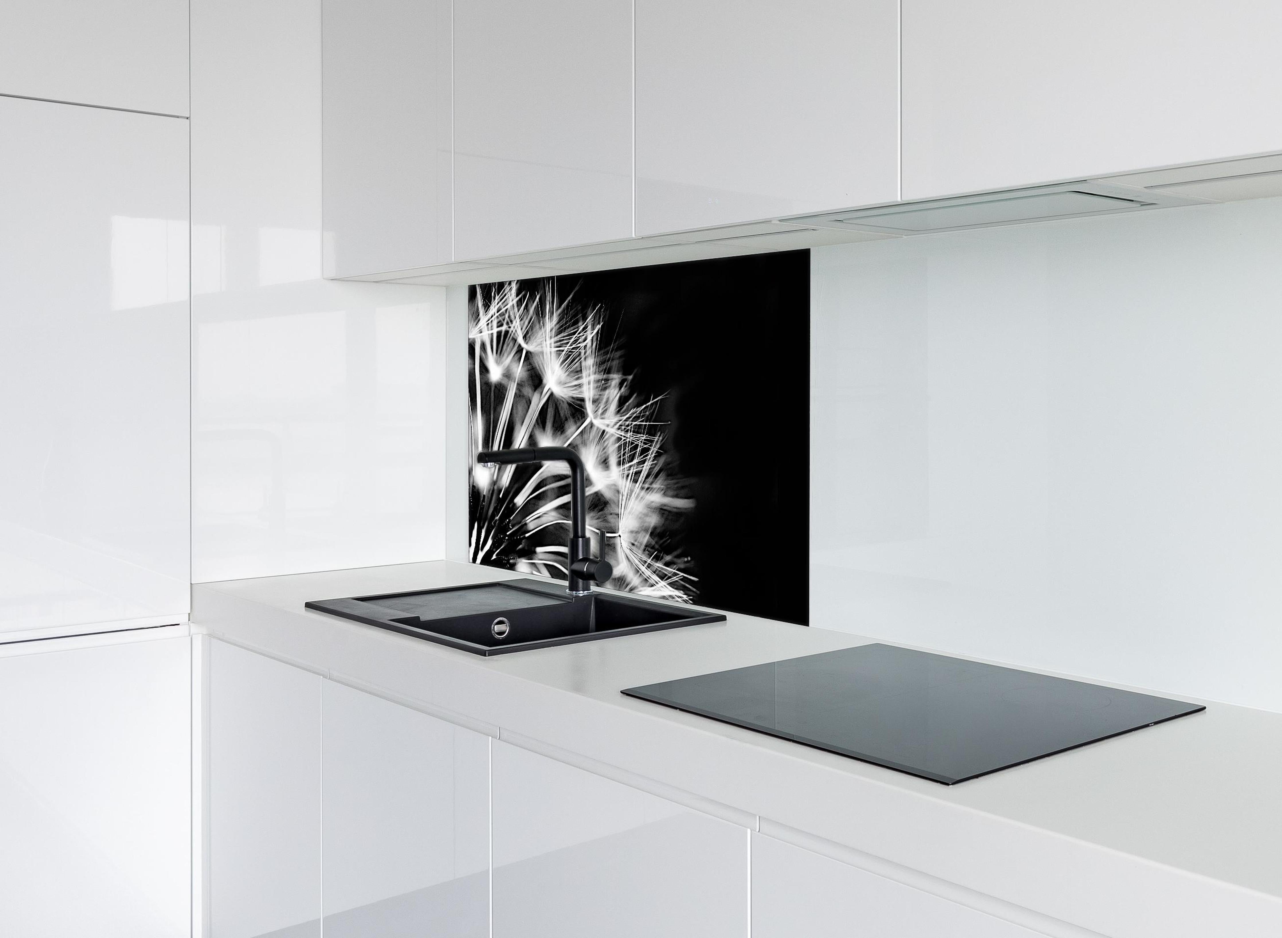 Spritzschutz - Pusteblumen schwarz-weiß Hintergrund hinter einem Cerankochfeld zwischen Holz-Kochutensilien