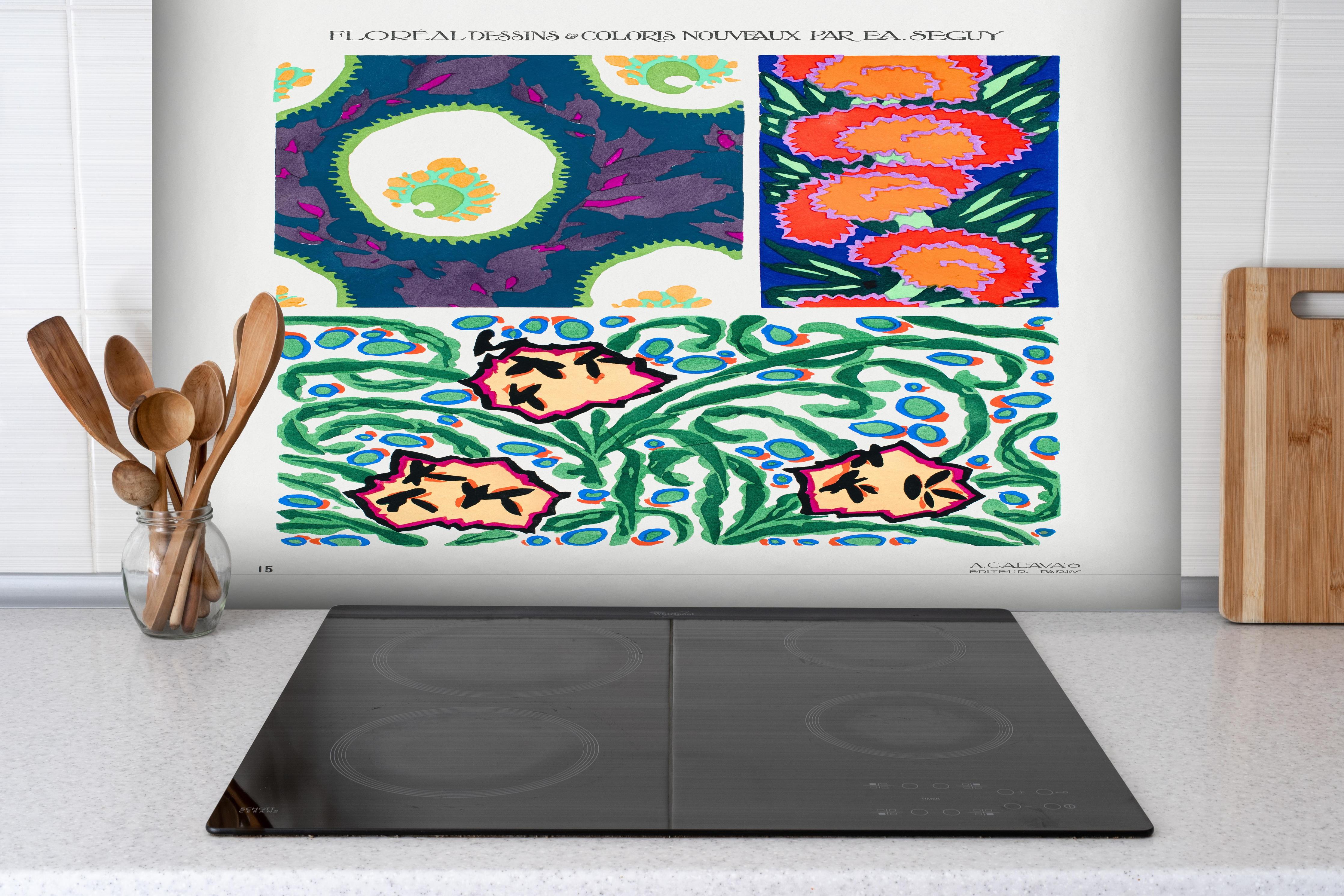 Spritzschutz - Retro Botanical Art Illustration Poster hinter einem Cerankochfeld zwischen Holz-Kochutensilien