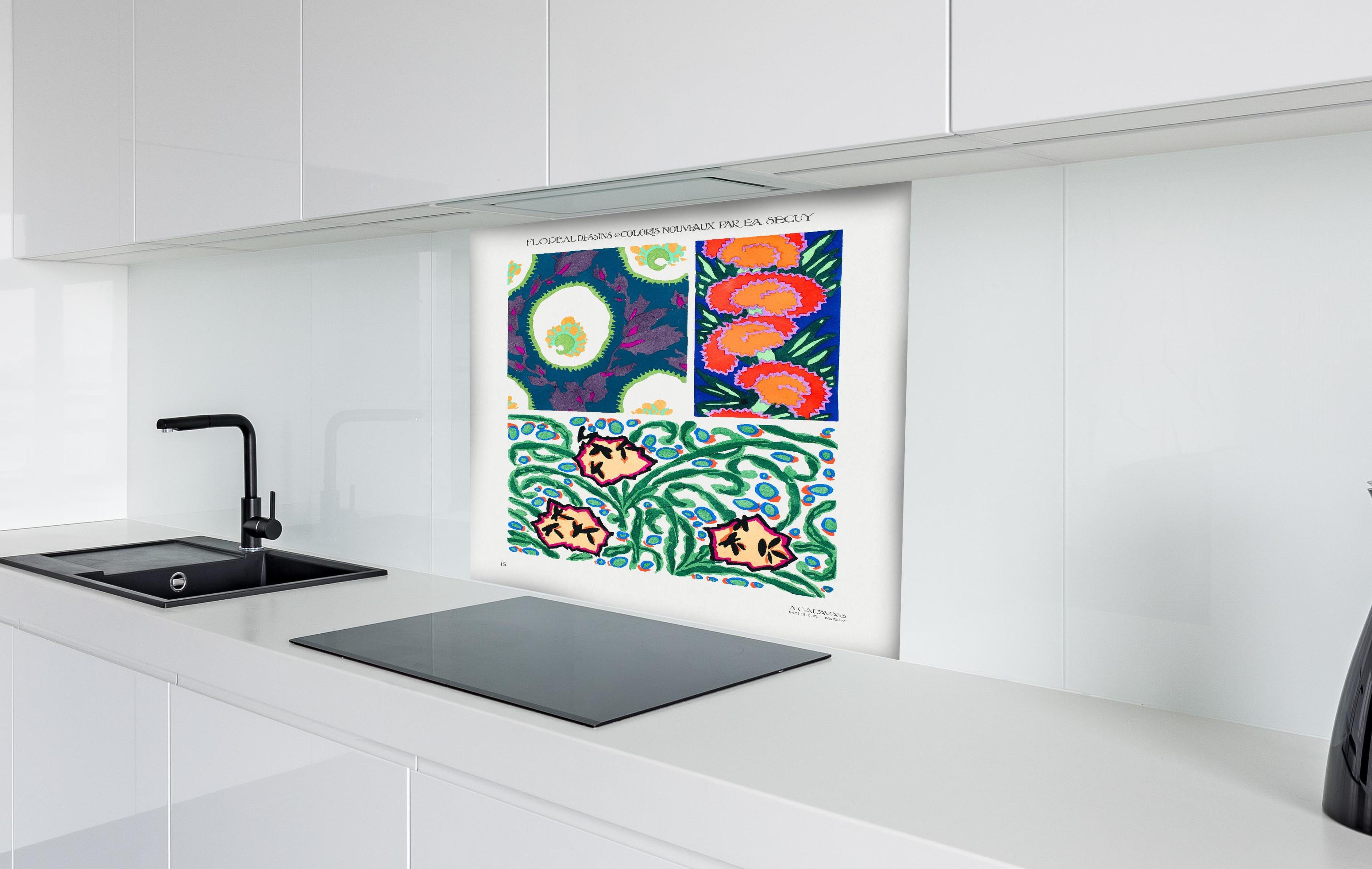 Spritzschutz - Retro Botanical Art Illustration Poster hinter einem Cerankochfeld zwischen Holz-Kochutensilien