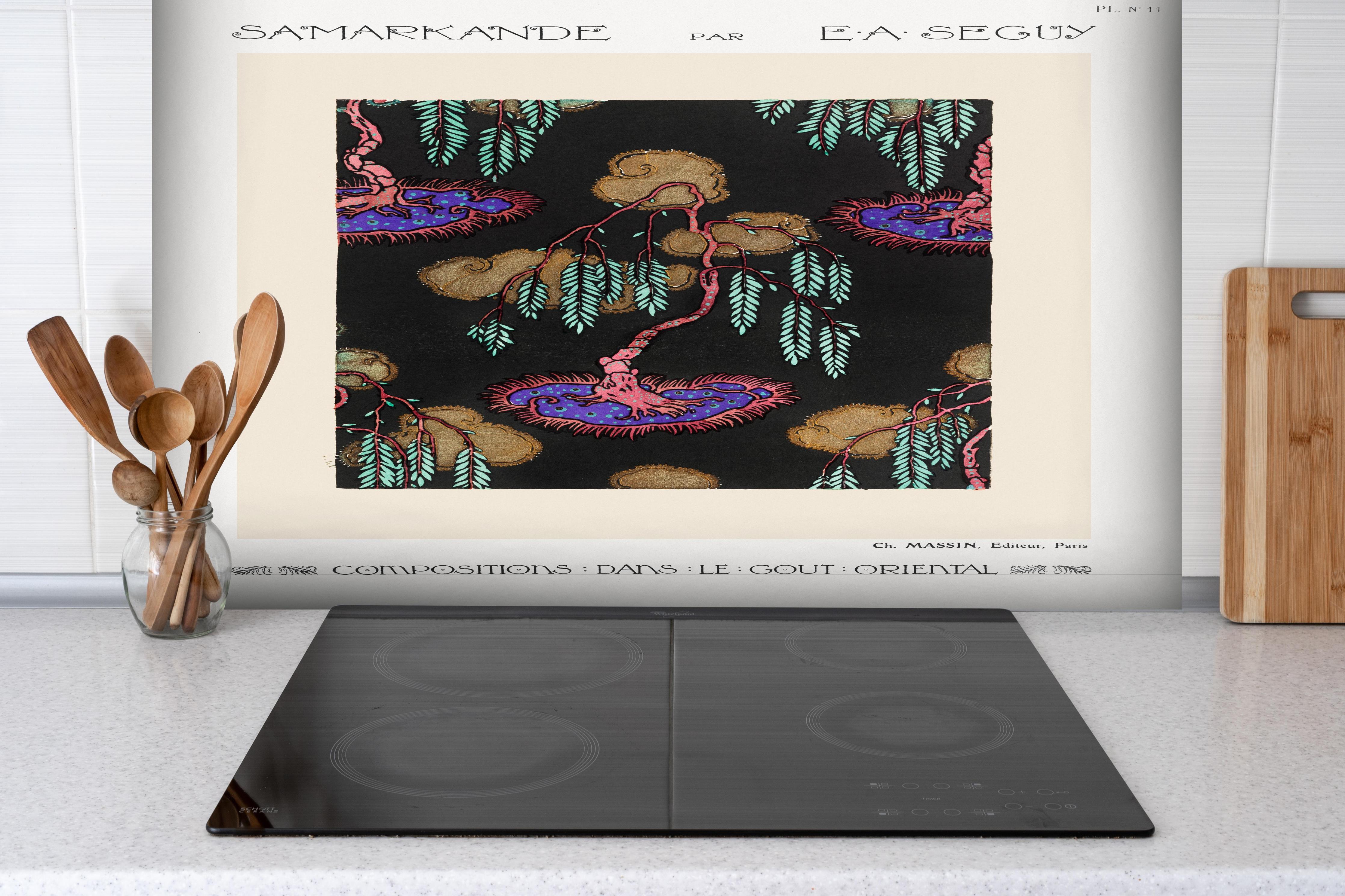 Spritzschutz - Retro Flora Zeichnung Meisterkünstler hinter einem Cerankochfeld zwischen Holz-Kochutensilien