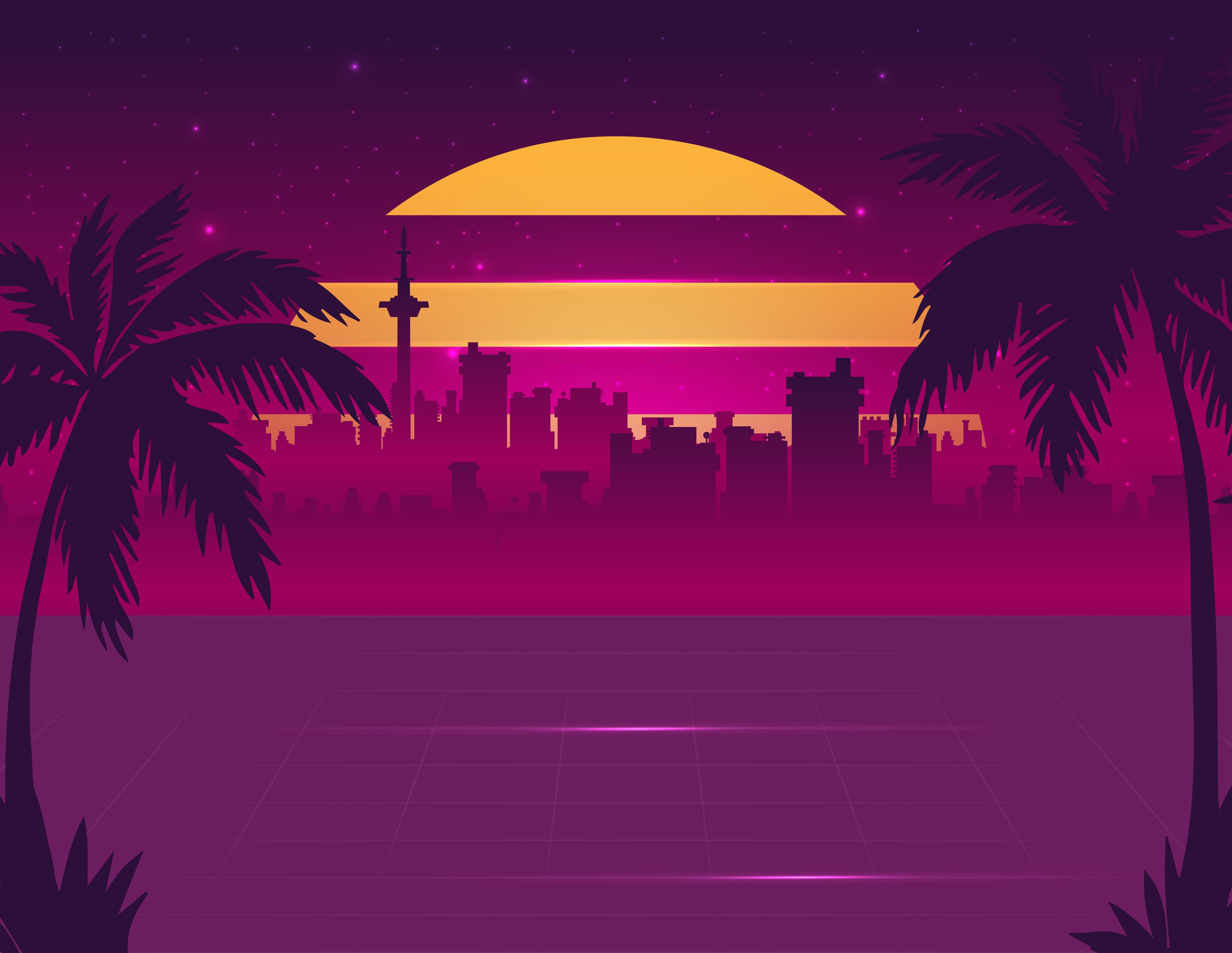 Spritzschutz-Retro-Futuristischer Sonnenuntergang mit Palmen