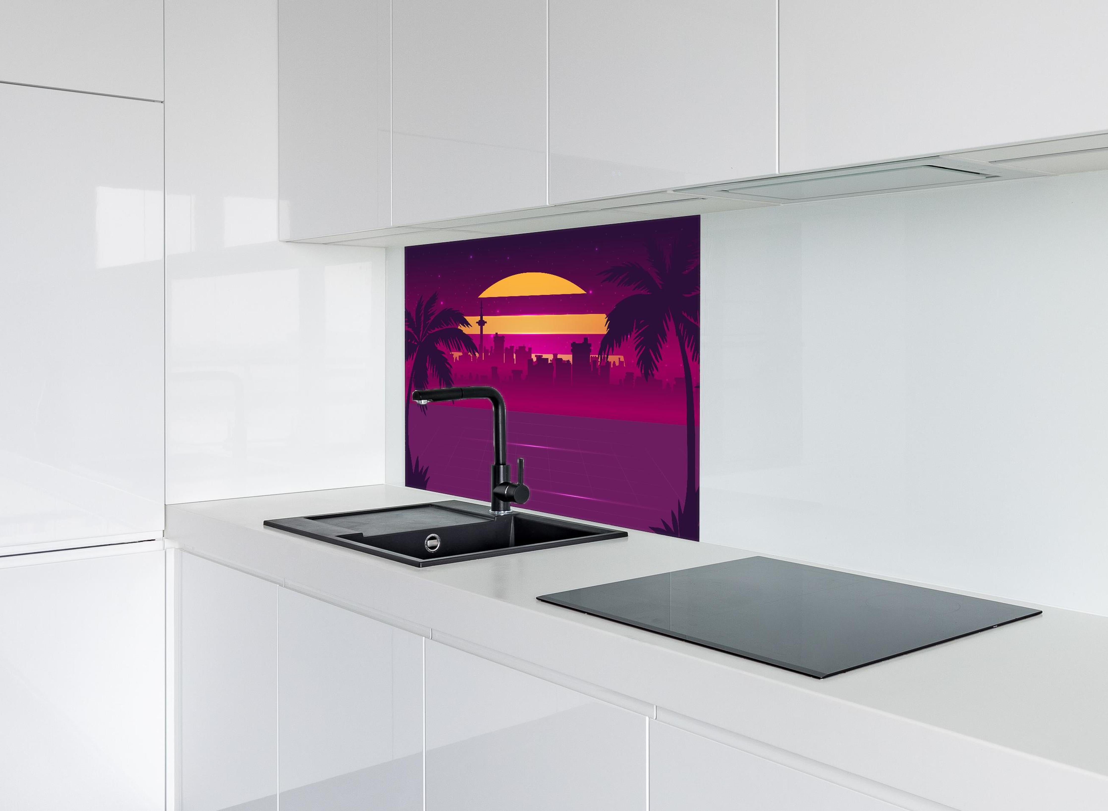 Spritzschutz - Retro-Futuristischer Sonnenuntergang mit Palmen hinter einem Cerankochfeld zwischen Holz-Kochutensilien