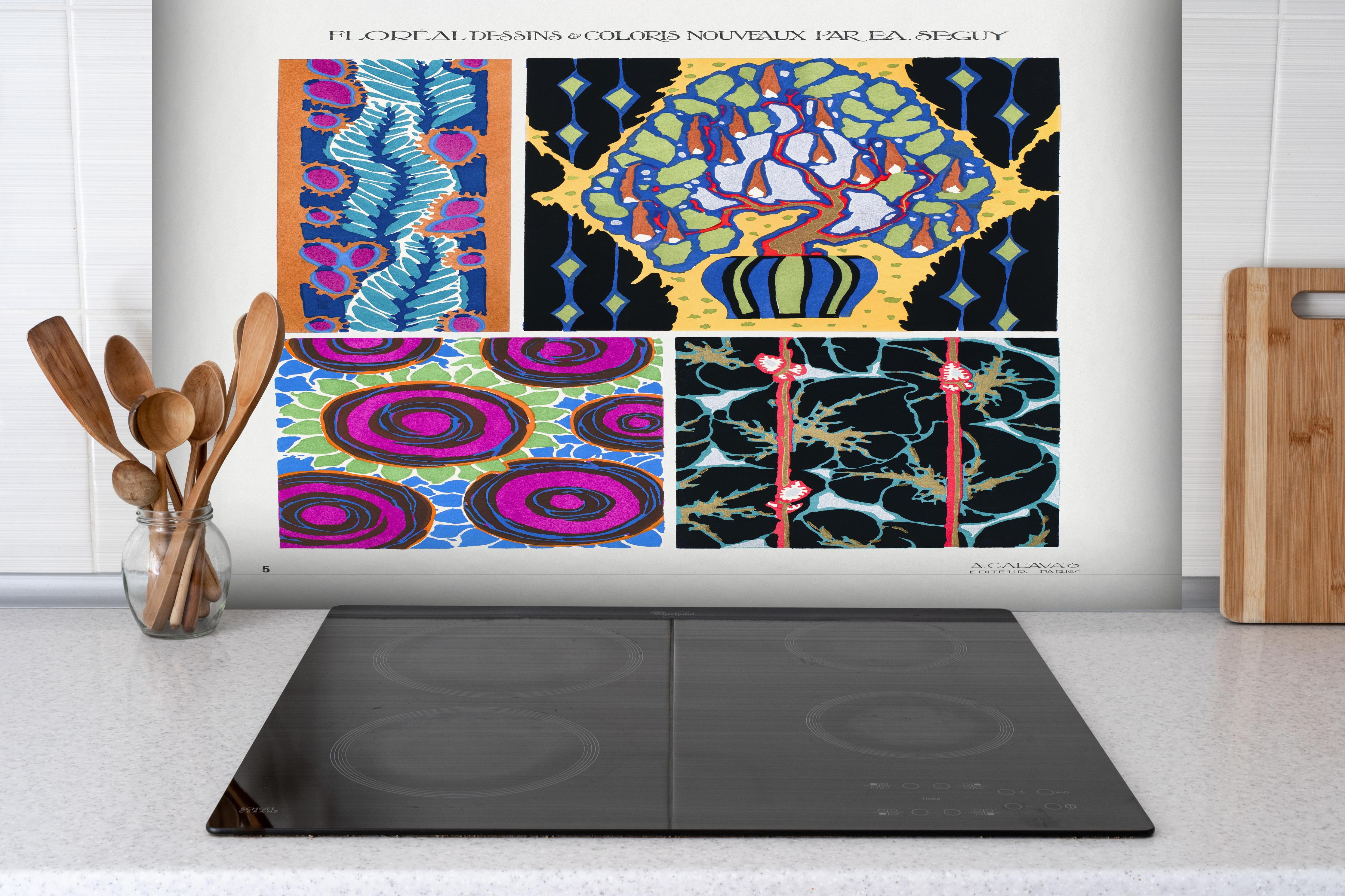 Spritzschutz - Retro Kollage - Französisch hinter einem Cerankochfeld zwischen Holz-Kochutensilien