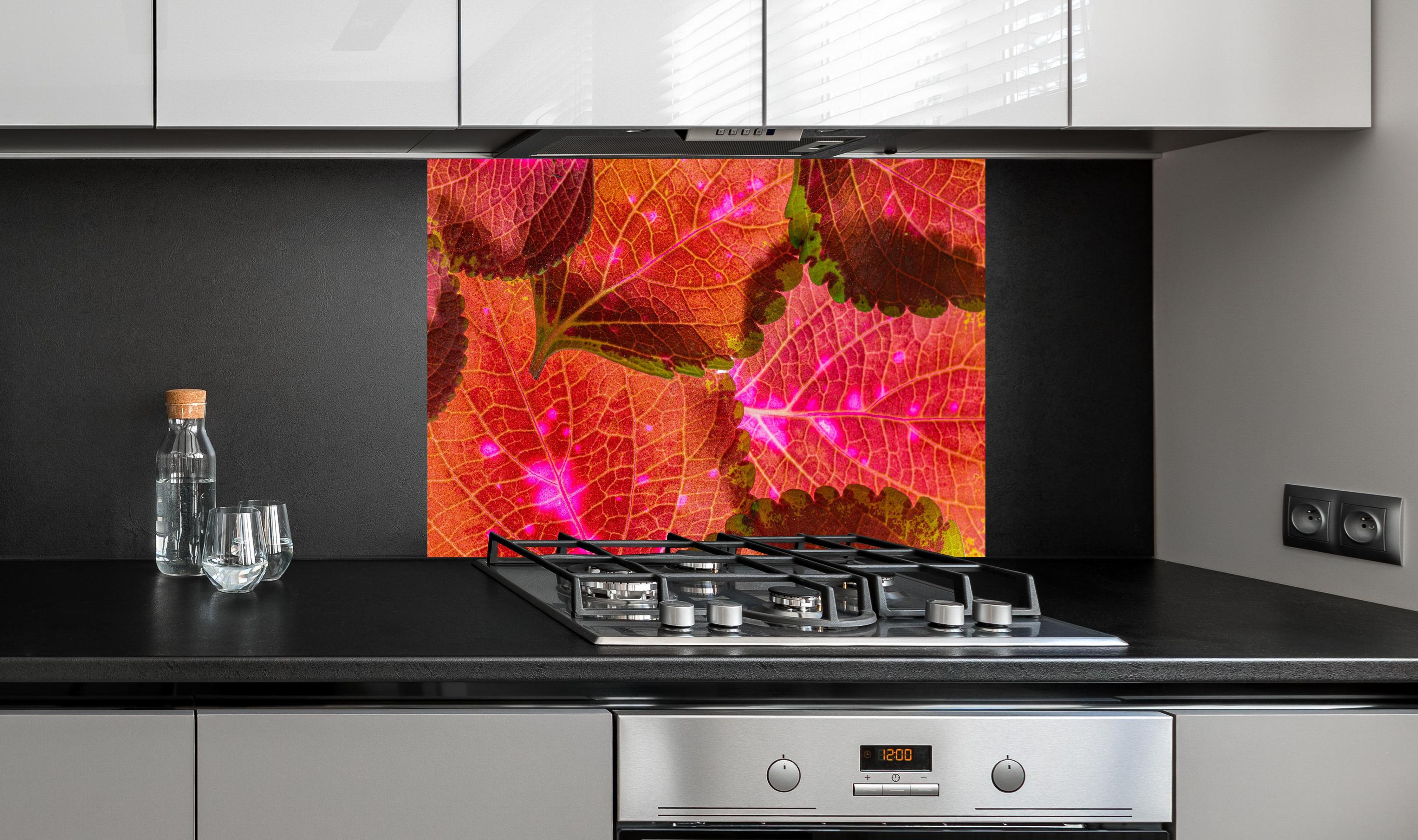 Spritzschutz - Rötliche Blätter im Detail hinter einem Cerankochfeld zwischen Holz-Kochutensilien