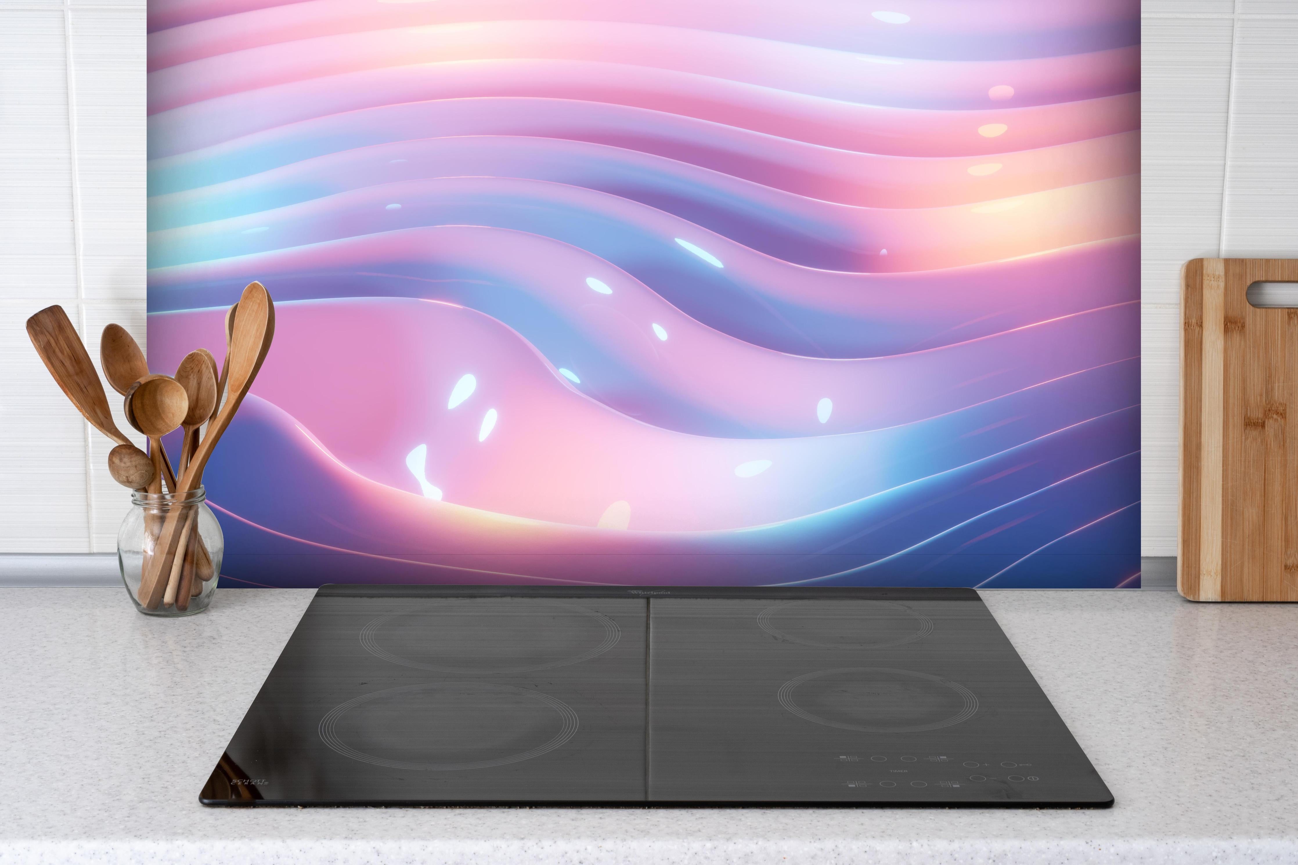 Spritzschutz - Rosa-Blau Wellige Abstrakte Kunst hinter einem Cerankochfeld zwischen Holz-Kochutensilien