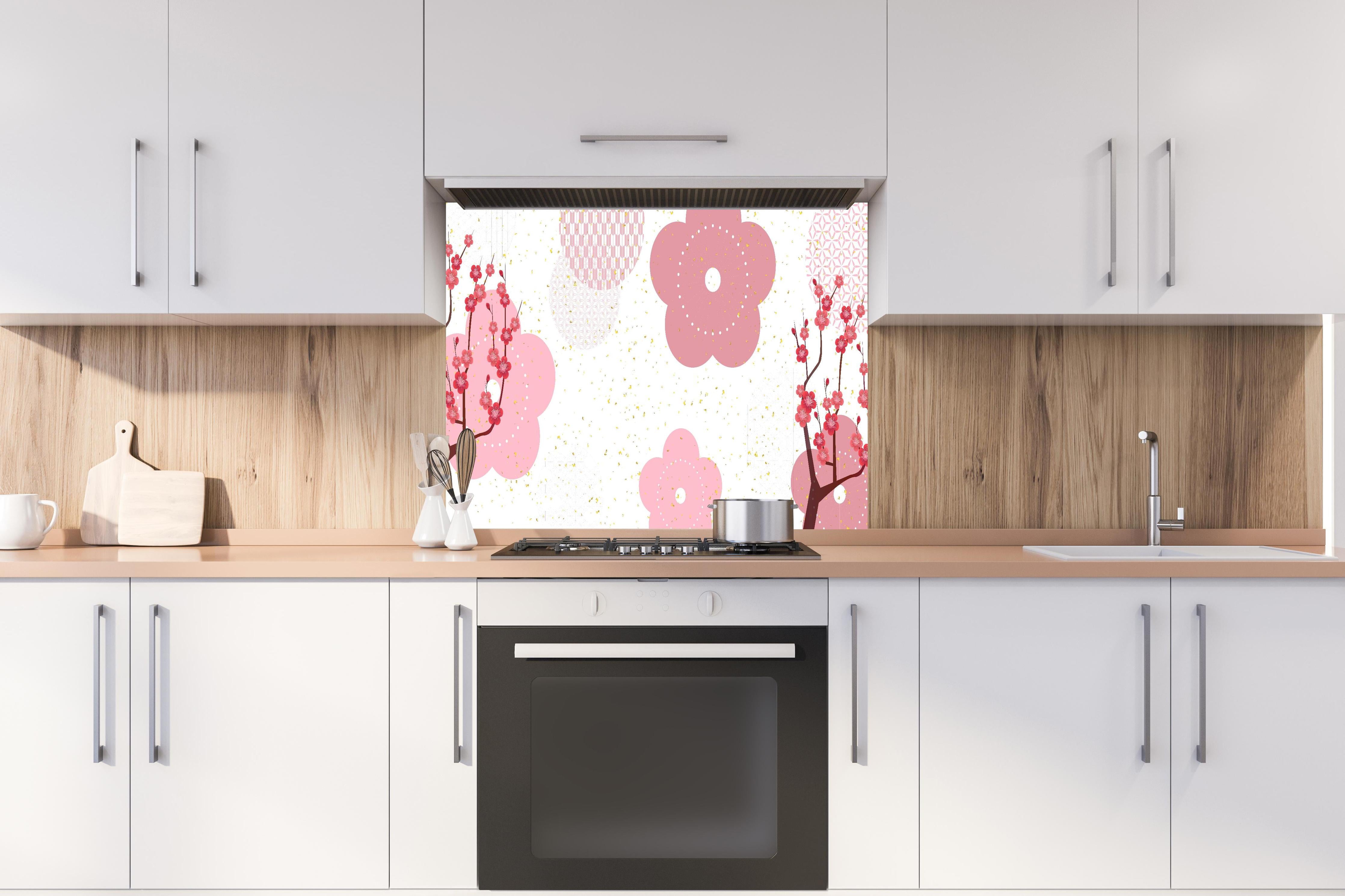 Spritzschutz - Rosa Kirschblüten Muster Illustration hinter einem Cerankochfeld zwischen Holz-Kochutensilien