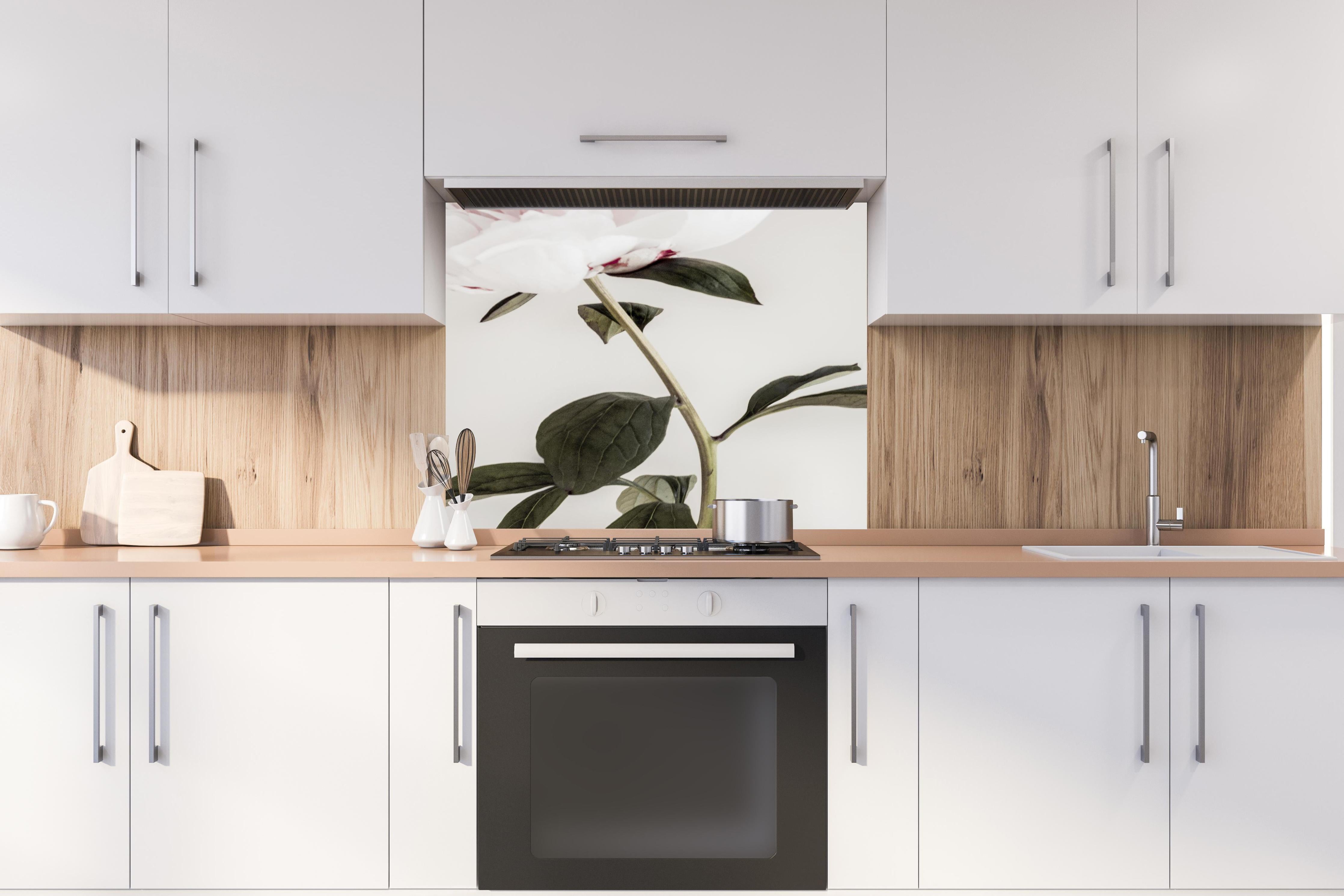 Spritzschutz - Rosa Pfingstrose - Nahaufnahme hinter einem Cerankochfeld zwischen Holz-Kochutensilien