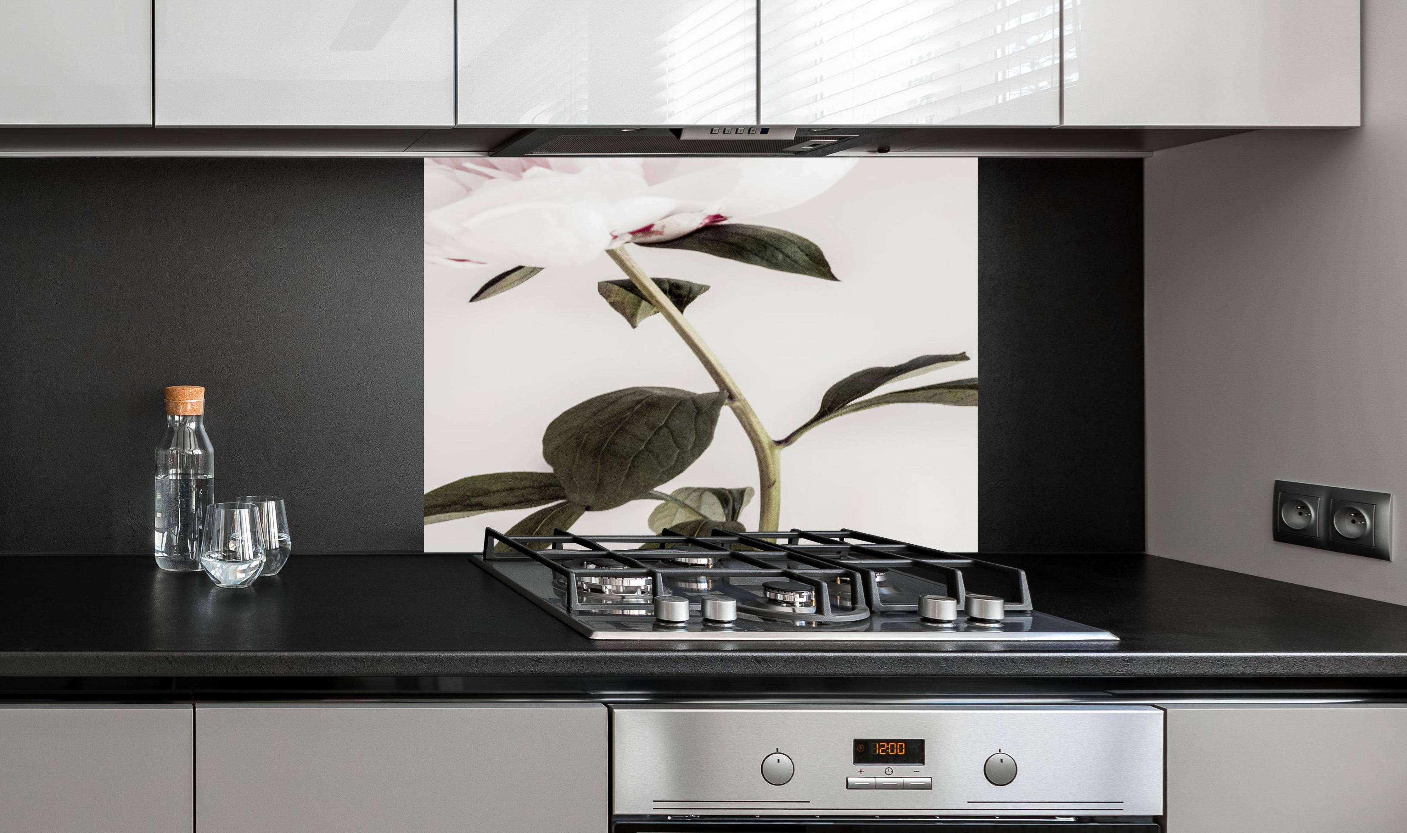 Spritzschutz - Rosa Pfingstrose - Nahaufnahme hinter einem Cerankochfeld zwischen Holz-Kochutensilien