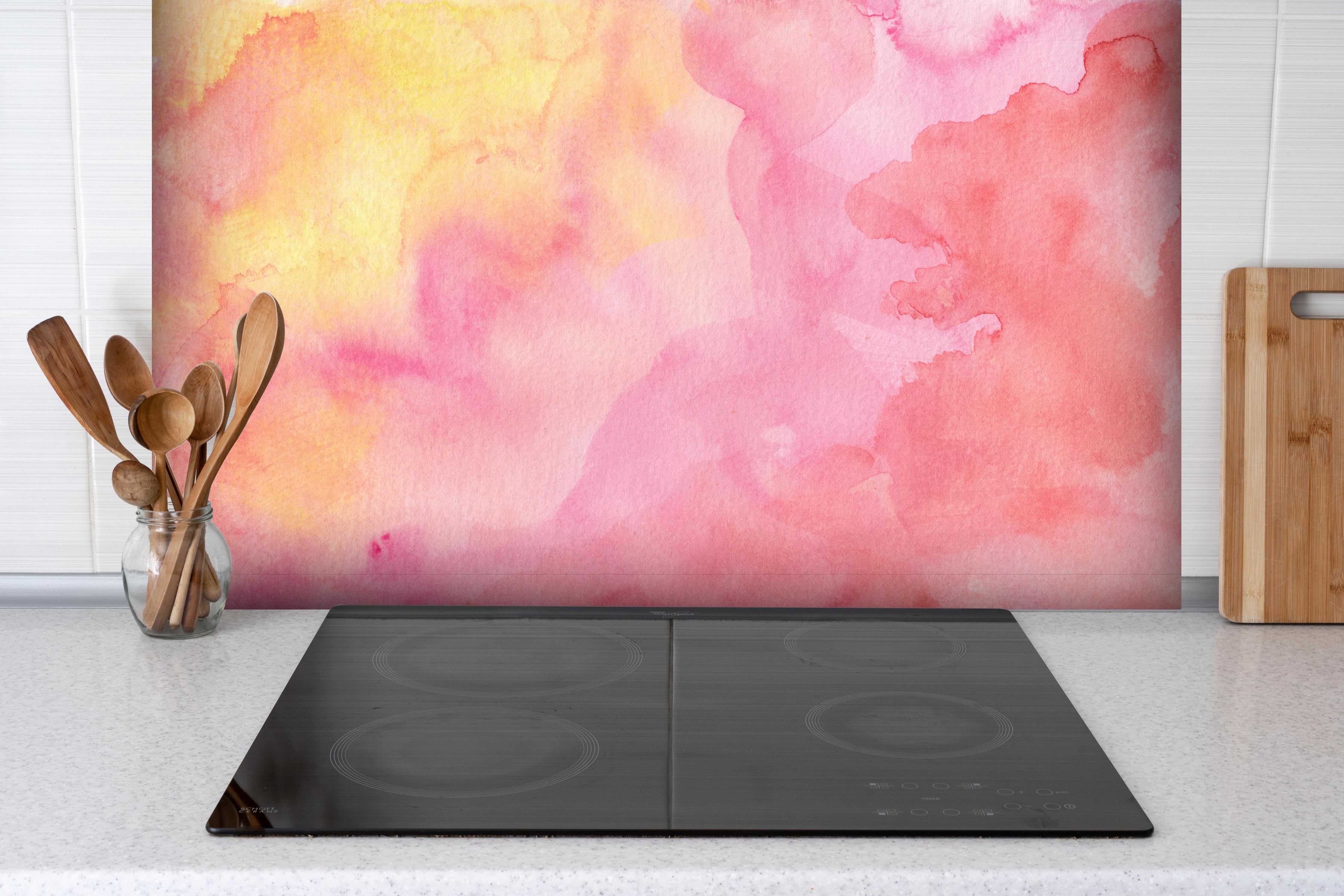 Spritzschutz - Rosa Verwaschenes Farben-Design hinter einem Cerankochfeld zwischen Holz-Kochutensilien